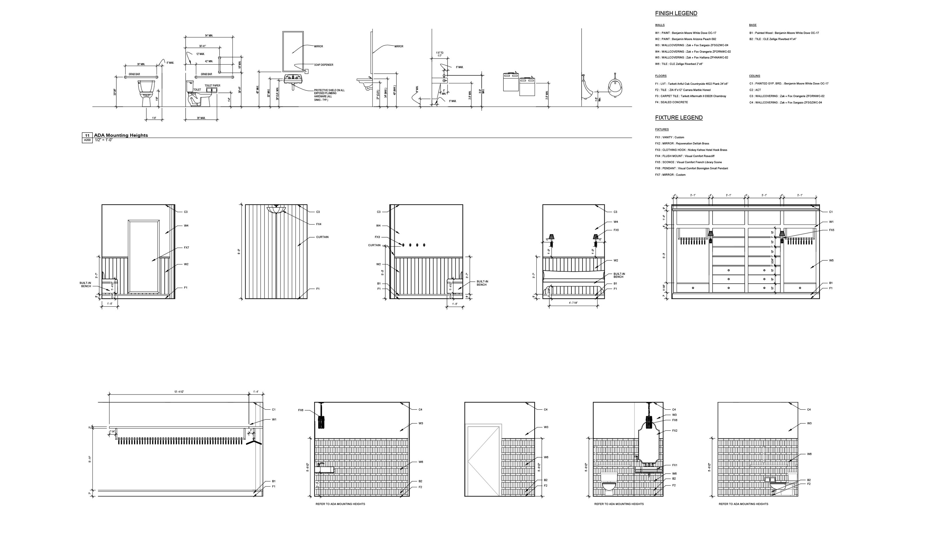This architectural sheet provides a collection of interior elevations and technical details, including ADA mounting heights for restroom fixtures and various wall treatments. The document features detailed finish and fixture legends alongside sectional views of retail displays, dressing room partitions, and tiled restroom walls.