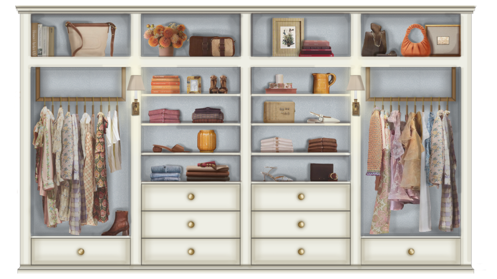 This elevation presents a high-end sales display featuring four symmetrical sections of cream-colored cabinetry with integrated lighting and a soft blue-grey backdrop. The unit combines open hanging rods for apparel with organized shelving and drawers for accessories like handbags, shoes, and folded garments, all accented by elegant wall sconces.