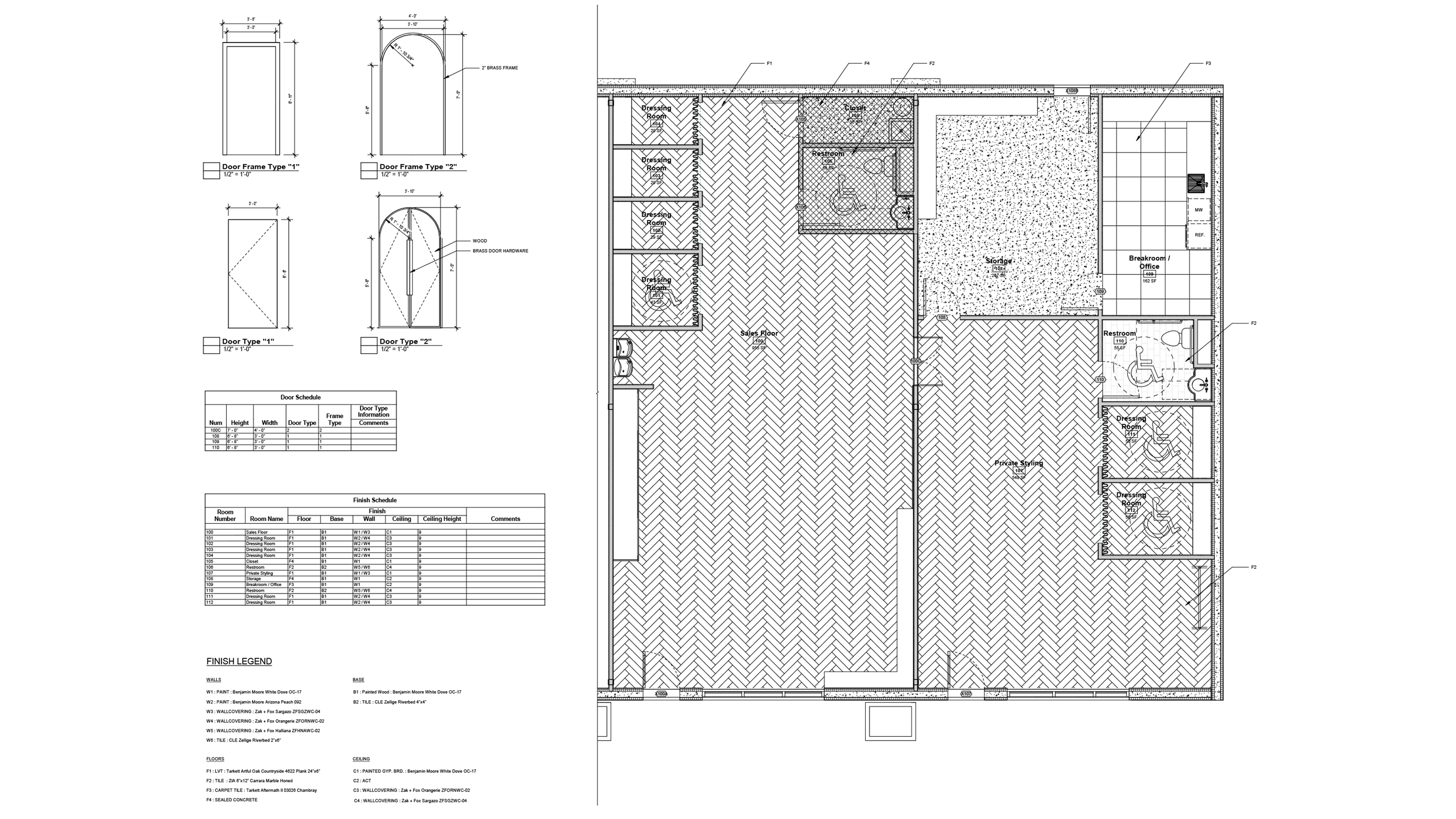 This architectural floor plan details the material finishes for a commercial space, featuring a large
sales floor and private styling area with herringbone wood flooring. The document includes comprehensive schedules and legends for door types, finishes, and hardware, as well as callouts for various textures like carpet tile, sealed concrete, and specialized wallcoverings.