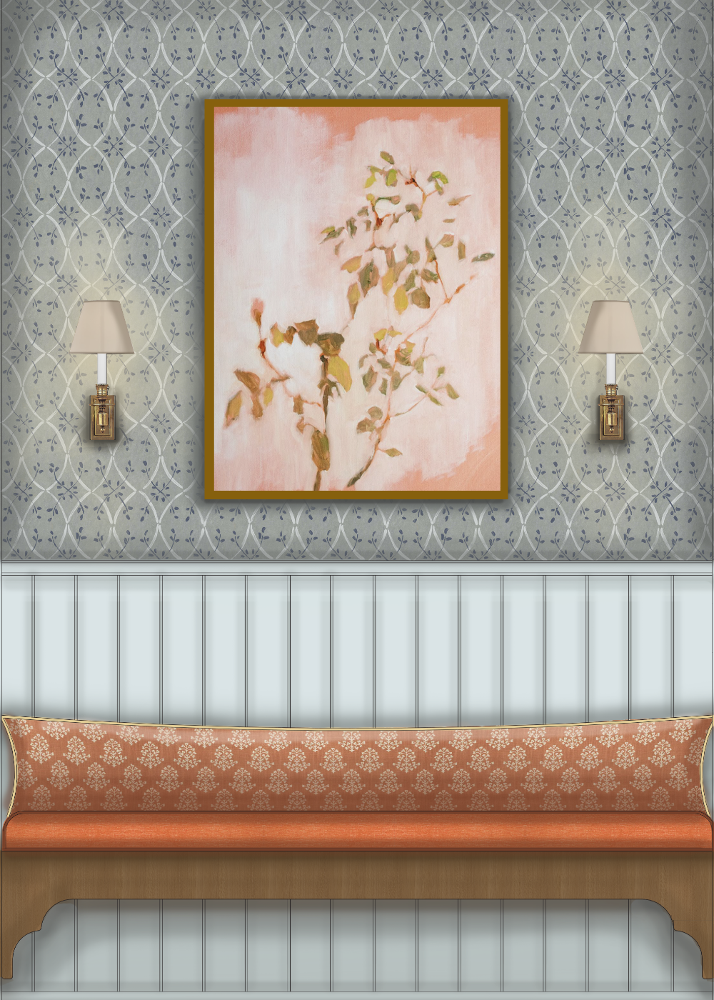 This elevation captures a sophisticated dressing room vignette, featuring a warm wooden bench
with a patterned orange cushion set against light-colored beadboard wainscoting. Above, a
botanical art piece in soft pink and green tones is centered on a patterned blue-grey wallpaper,
flanked by two elegant brass wall sconces.