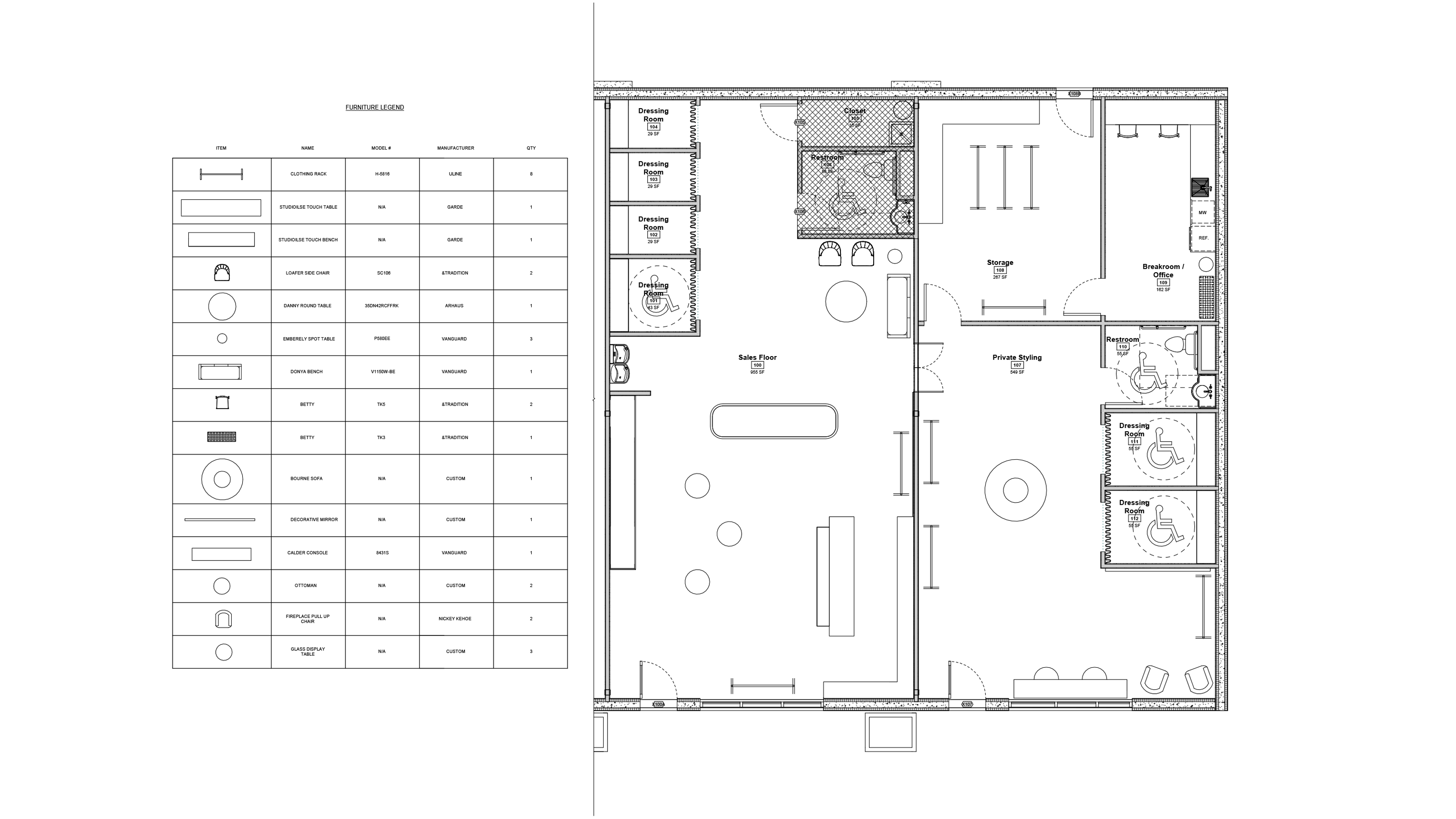 This architectural furniture plan illustrates the spatial arrangement of a retail environment,
including a central sales floor, private styling area, and dressing rooms. A detailed furniture
legend on the left specifies the model and manufacturer for each item, ranging from display
tables and seating to custom cabinetry and fixtures.