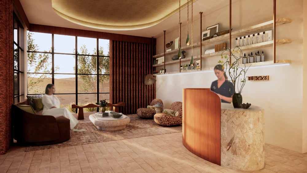 This interior rendering showcases a warm, desert-inspired IV therapy lobby featuring a curved reception desk crafted from wood and stone. The adjacent lounge area is anchored by
organic-shaped furniture, textured floor coverings, and floor-to-ceiling windows that look out onto a serene, sandy landscape.