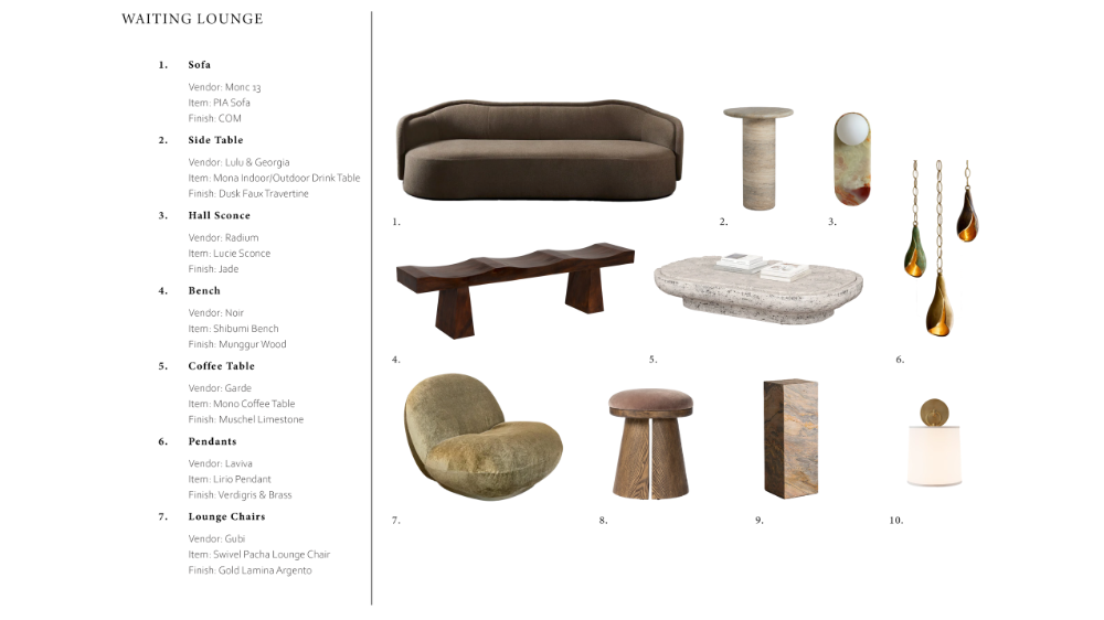 This design sheet for a waiting lounge showcases a curated selection of furniture and fixtures with an organic, high-end aesthetic. The collection includes a low-profile curved sofa, sculptural wooden benches, and stone-textured tables, complemented by artistic lighting elements like jade sconces and verdigris brass pendants.
