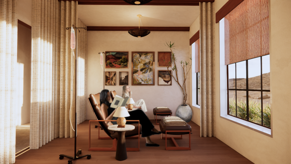 This interior rendering depicts a group IV therapy lounge designed with a warm, desert aesthetic,
featuring comfortable leather recliners and individual side tables with small lamps. The room is decorated with a gallery wall of landscape art and a large potted plant, while expansive windows with textured shades offer a peaceful view of the outdoor terrain.