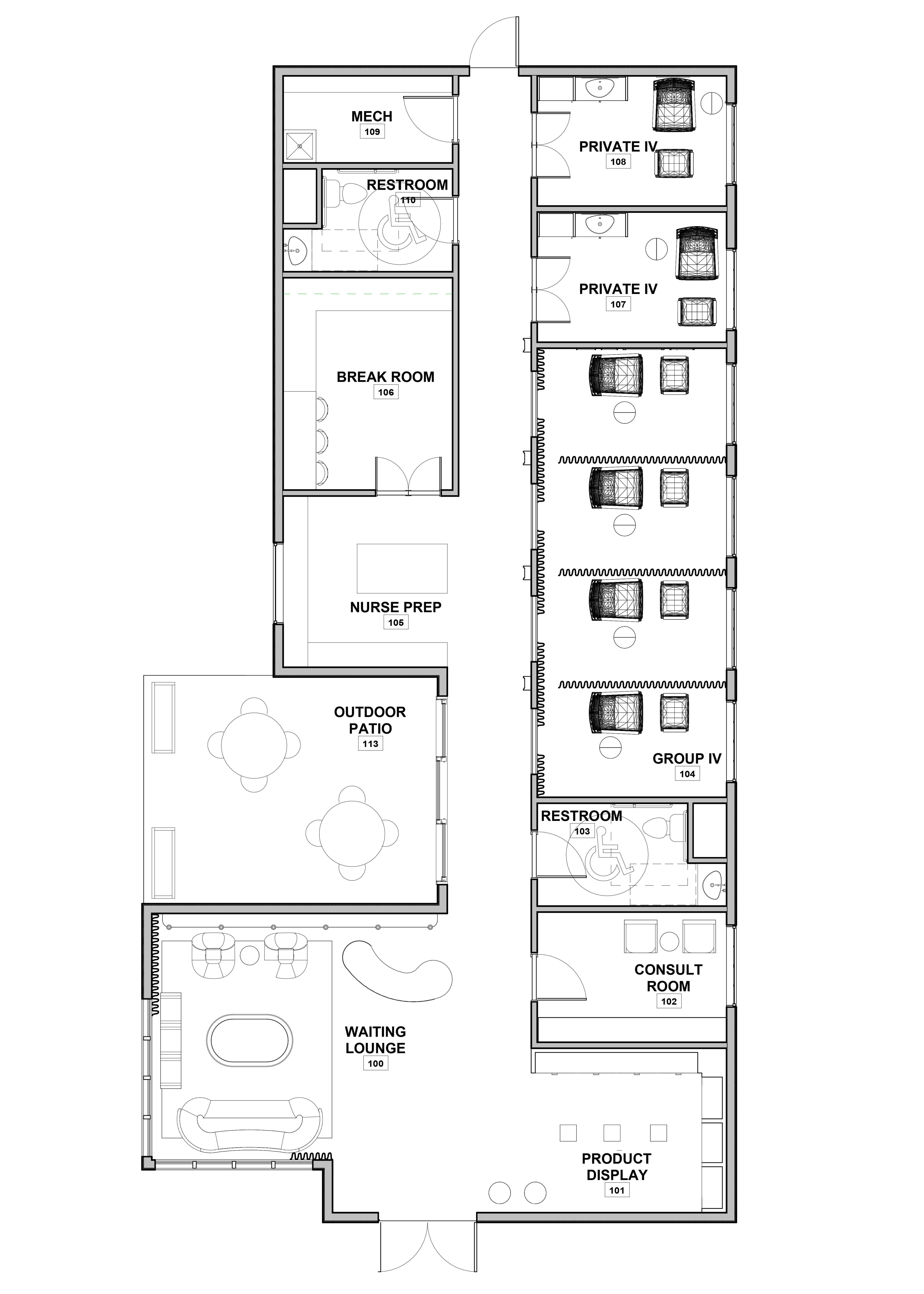 This architectural floor plan outlines a specialized medical clinic, beginning with a waiting
lounge and product display area at the entrance. The layout features a long central corridor
providing access to a nurse prep station, an outdoor patio, and a series of private and group IV therapy treatment rooms equipped with specialized seating.