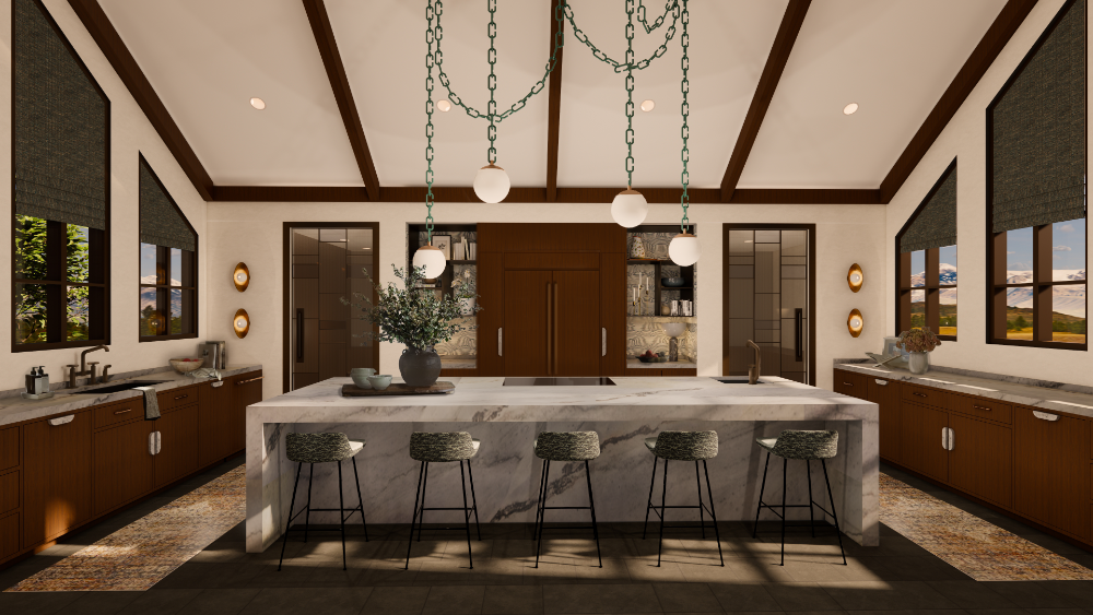 An elegant kitchen rendering features a large gray marble waterfall island with five gray
upholstered barstools beneath a unique green chain-link chandelier. The room is framed by
vaulted ceilings with dark wood beams, matching wood cabinetry, and large windows that reveal
a scenic mountain view.