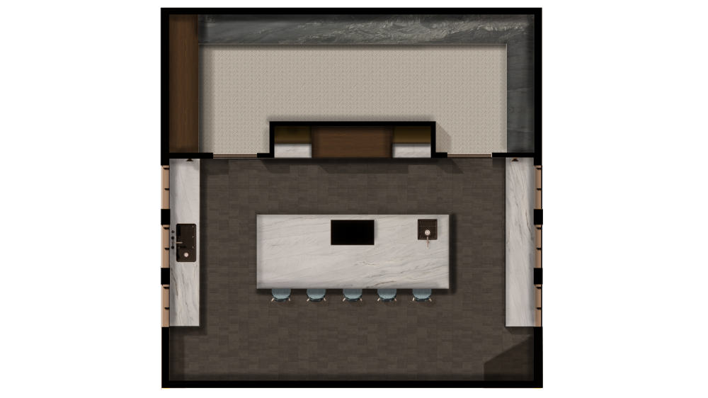 This rendered floor plan features a spacious, modern kitchen with a large marble-topped center island equipped with a cooktop, sink, and five teal barstools. Parallel marble countertops line the side walls, while the top portion of the layout displays a large open pantry and sleek cabinetry in dark wood and stone finishes.
