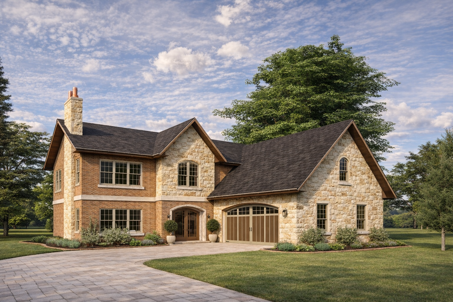 A modern, English inspired cottage with a limestone and brick facade and
landscaping around the yard.