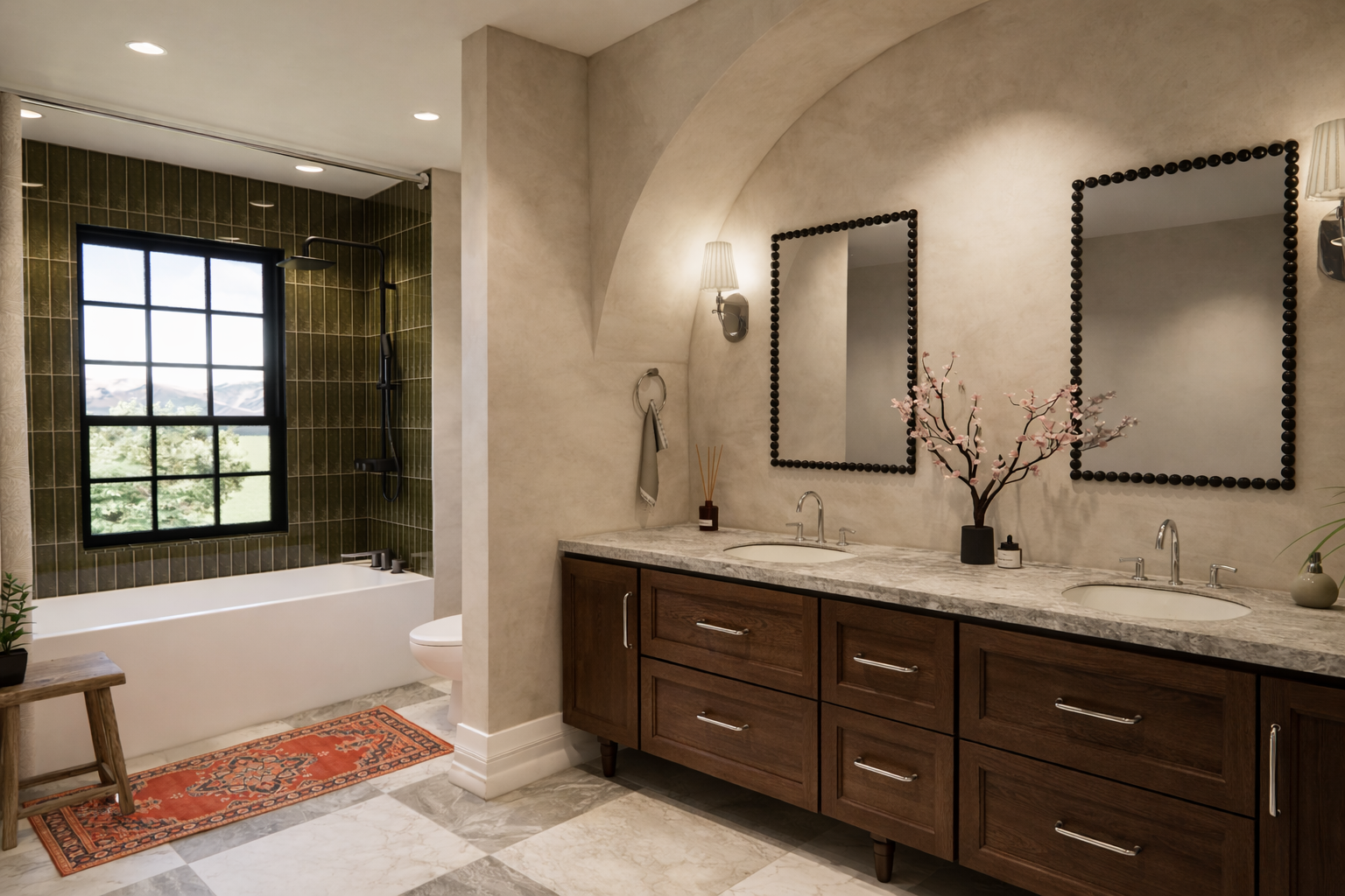 A modern bathroom with gray and cream checkered tile, custom walnut cabinets with
chrome pulls, green tile as the bathtub surround, and a vanity with two sinks and two
mirrors above it.