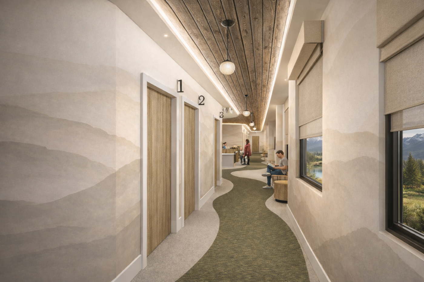 A hallway in a primary care clinic featuring warm lighting, muted green carpet tiles in
organic forms to provide wayfinding, matte black room numbers above each door, a wood
look ceiling, and people interacting with each other.