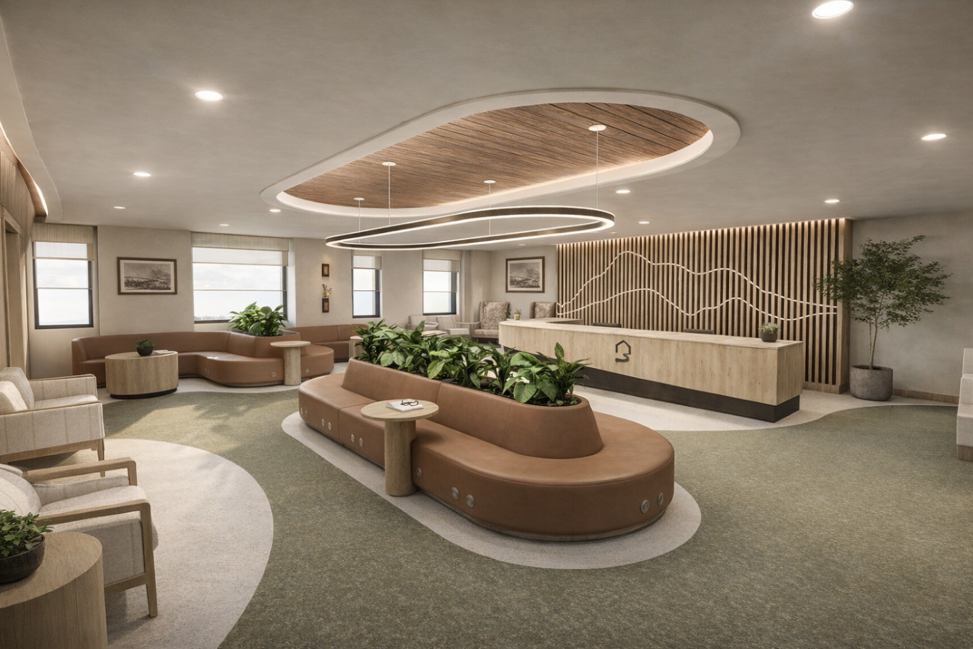 A waiting room in a primary care clinic featuring warm lighting, modular furniture, natural
colors, and an overall modern design inspired by Northwestern Montana.