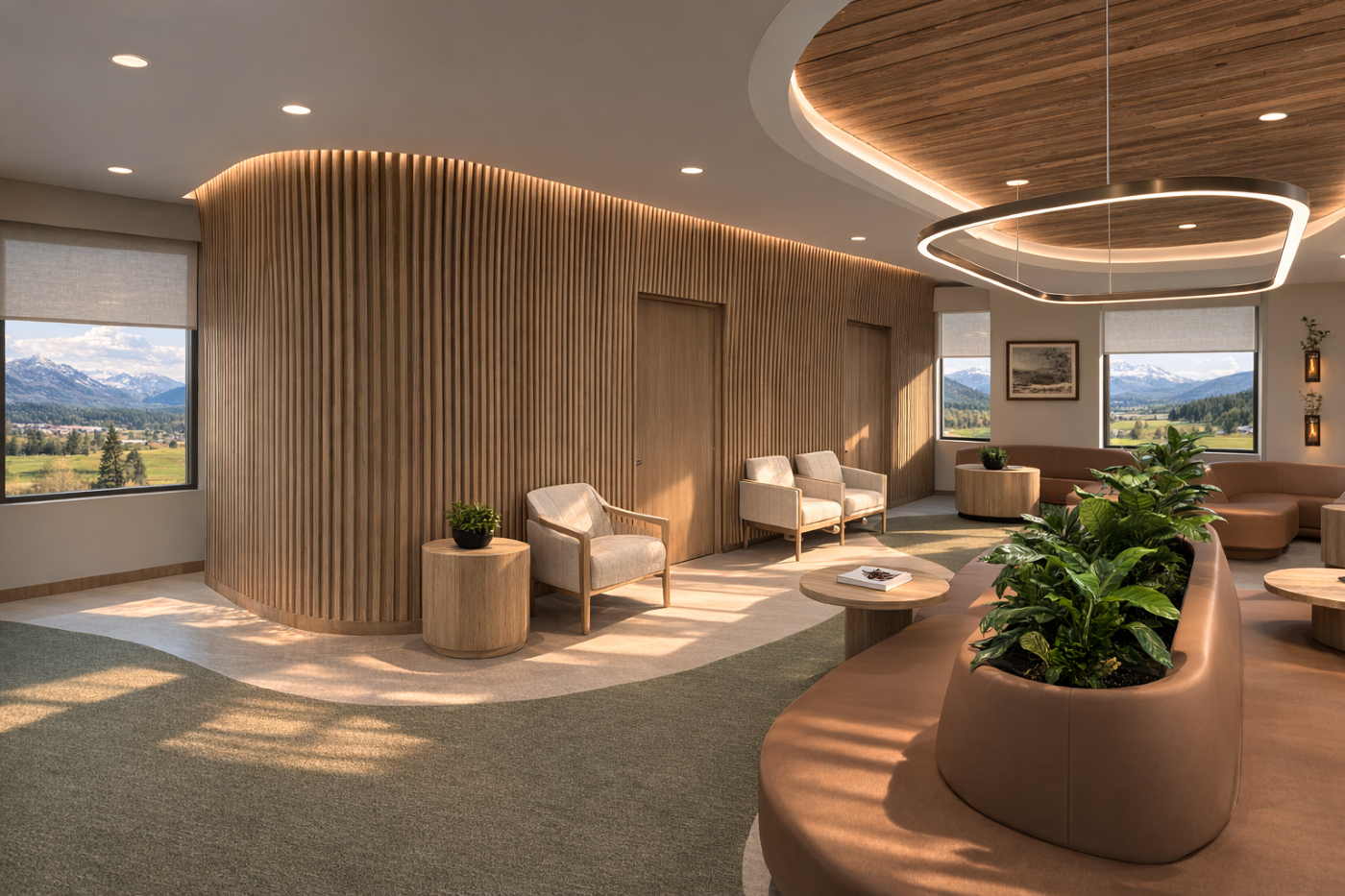 A waiting room in a primary care clinic featuring warm lighting, modular furniture, natural
colors, and an overall modern design inspired by Northwestern Montana. Also features a
wooden slat wall.