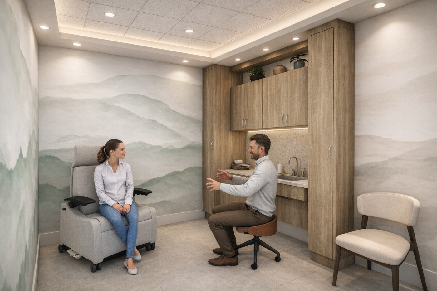 An exam room in a primary care clinic featuring warm lighting, light oak cabinetry, solid
surface counters, and a mountain mural on the walls with OFS furnit