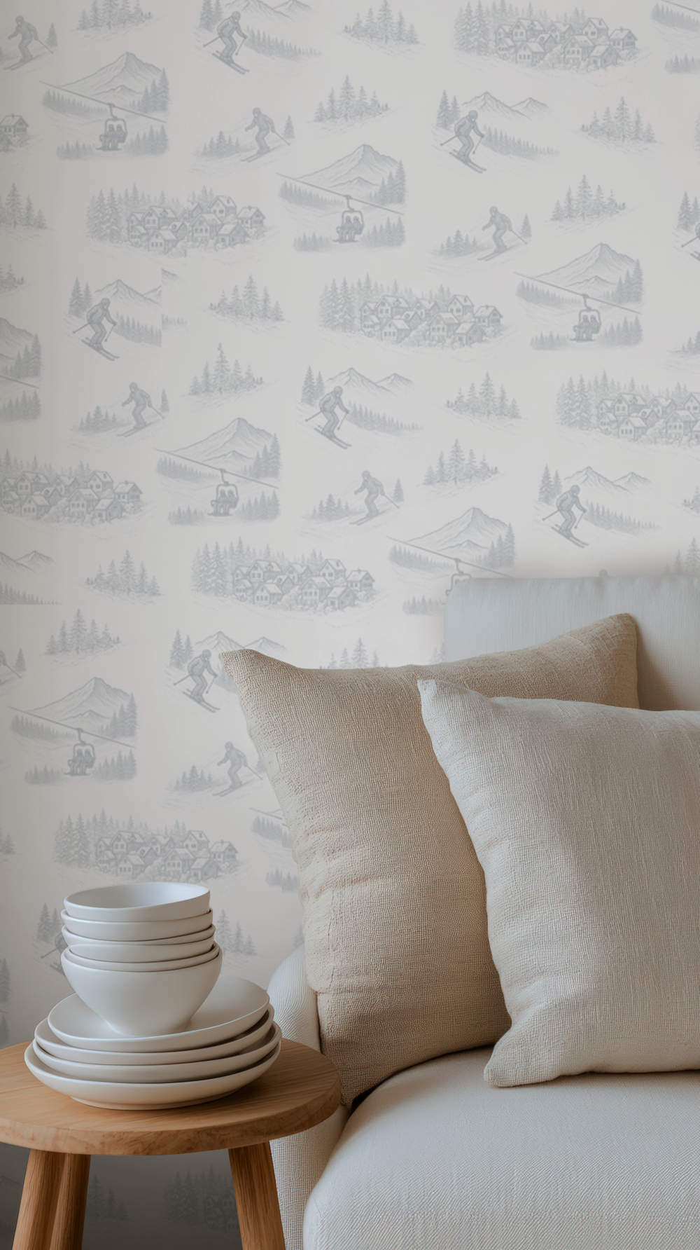 A vignette of a couch and table with a frosty blue and white wallpaper featuring sky lifts,
snowboarders, and mountain homes.