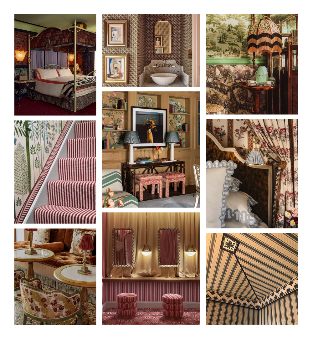 A collage of nine distinct interior design scenes that collectively showcase a vibrant, high-end maximalist aesthetic. The rooms masterfully layer rich textures, vintage-inspired furnishings, and bold contrasting patterns, particularly florals, stripes, and animal prints.