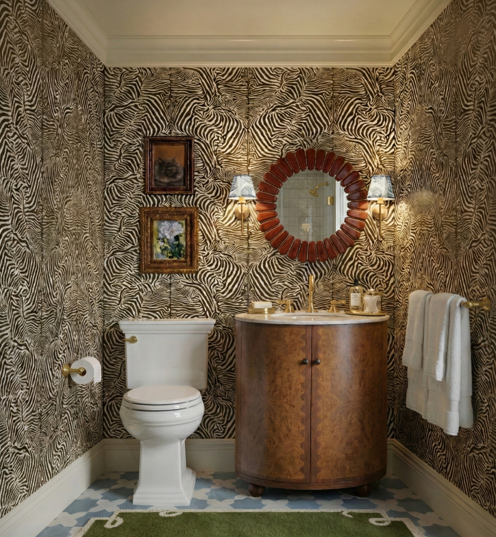 A maximalist hotel bathroom which is defined by its bold, floor-to-ceiling zebra-print wallpaper and a circular, sunburst-style mirror with red segments around the perimeter. The space features a curved burl wood vanity with a marble top, complemented by classic brass fixtures and a pair of small sconces with blue-and-white patterned shades.
Traditional framed artwork and a blue-and-white tiled floor with a green rug add further layers of color and texture to the eclectic design.
