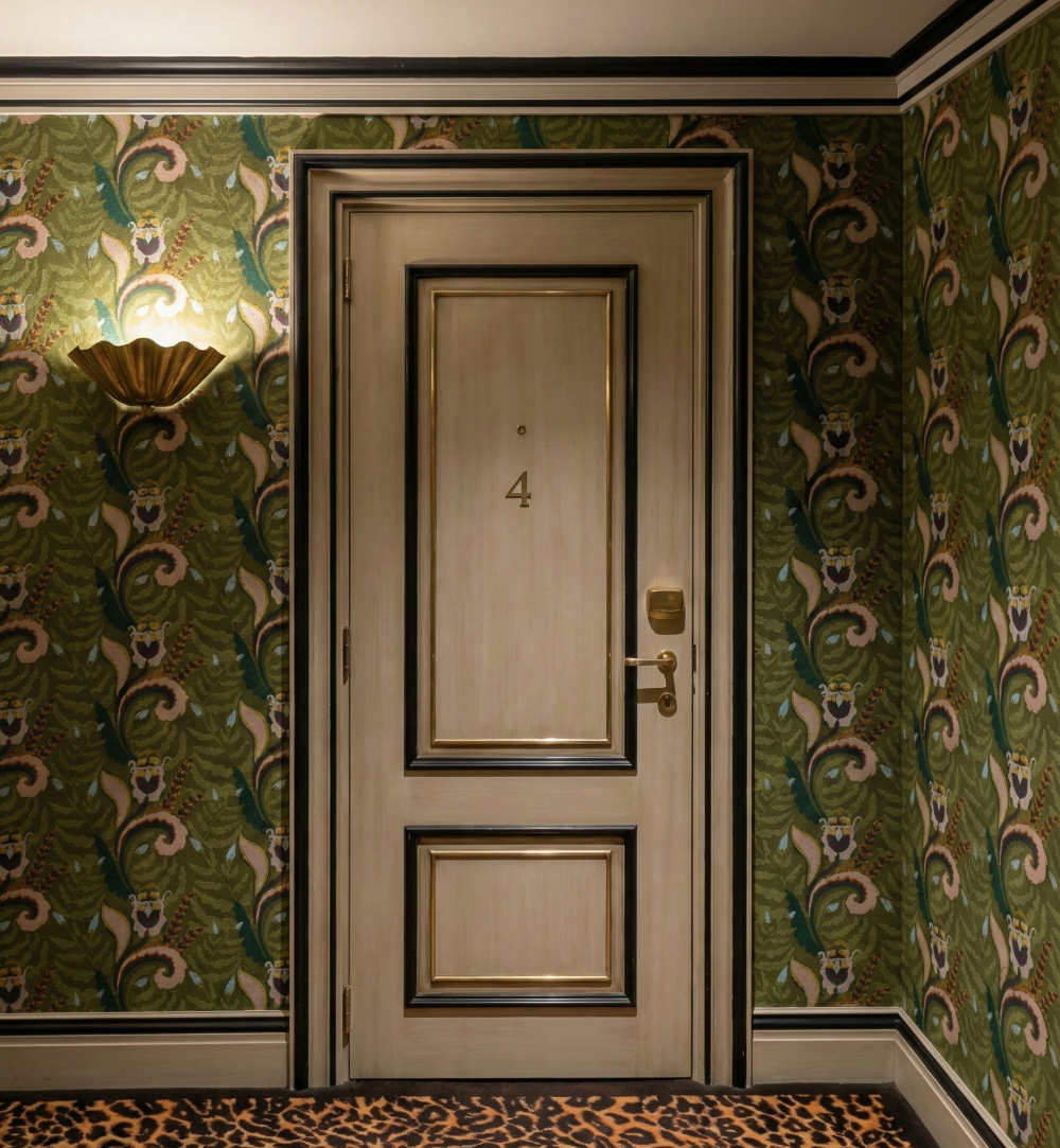 An ornate interior hallway in a boutique hotel, which features a rich, maximalist design aesthetic. The focal point is an off-white door to the suite beyond. The design of the space also includes a green floral wallcovering, as well as a leopard print carpet.