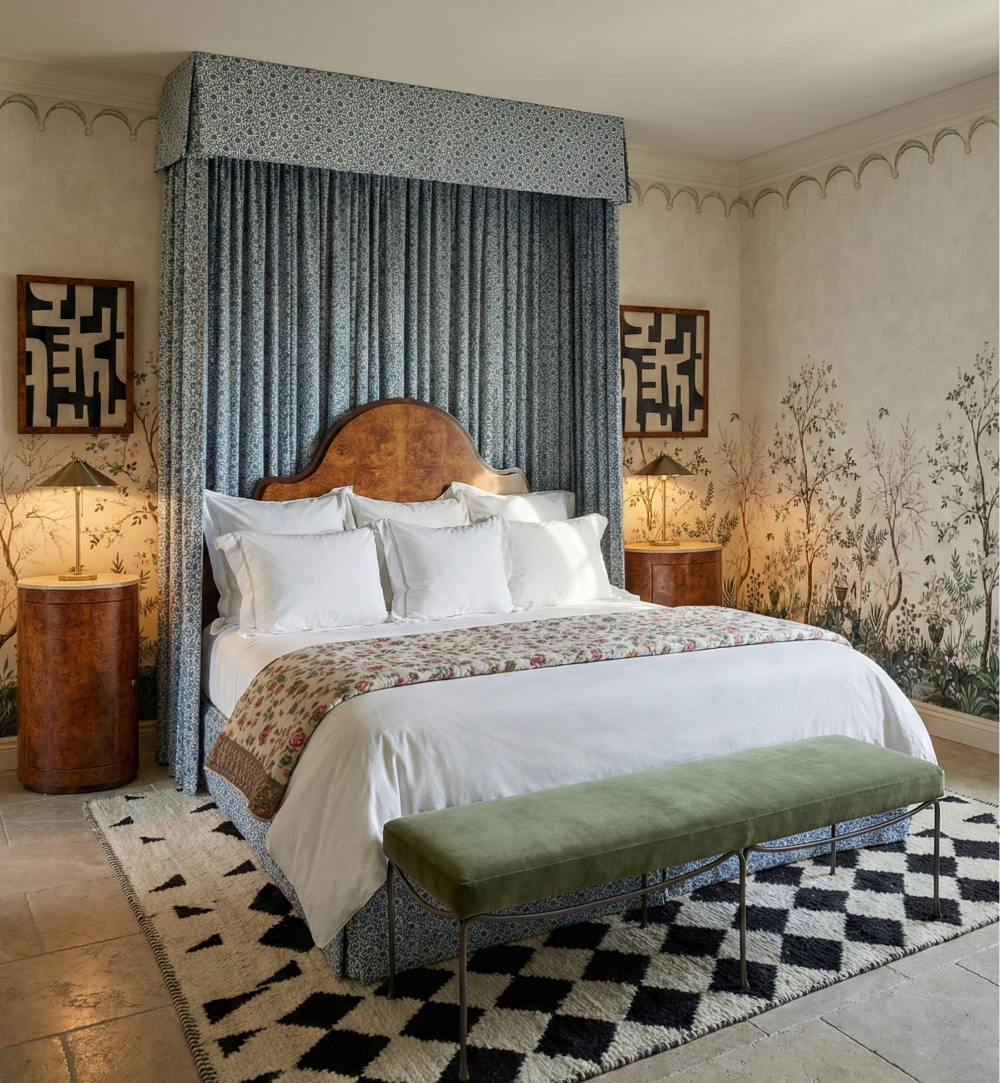 A sophisticated hotel room, featuring a burl wood headboard framed by a floor-to-ceiling blue floral canopy and matching bed skirt. The space layers textures and patterns, combining hand-painted botanical murals and abstract art with a plush, black-and-white checkered rug and an olive green velvet bench. Traditional craftsmanship and modern accents, such as the cylindrical nightstands and brass cone lamps, create a cohesive, high-end maximalist aesthetic.