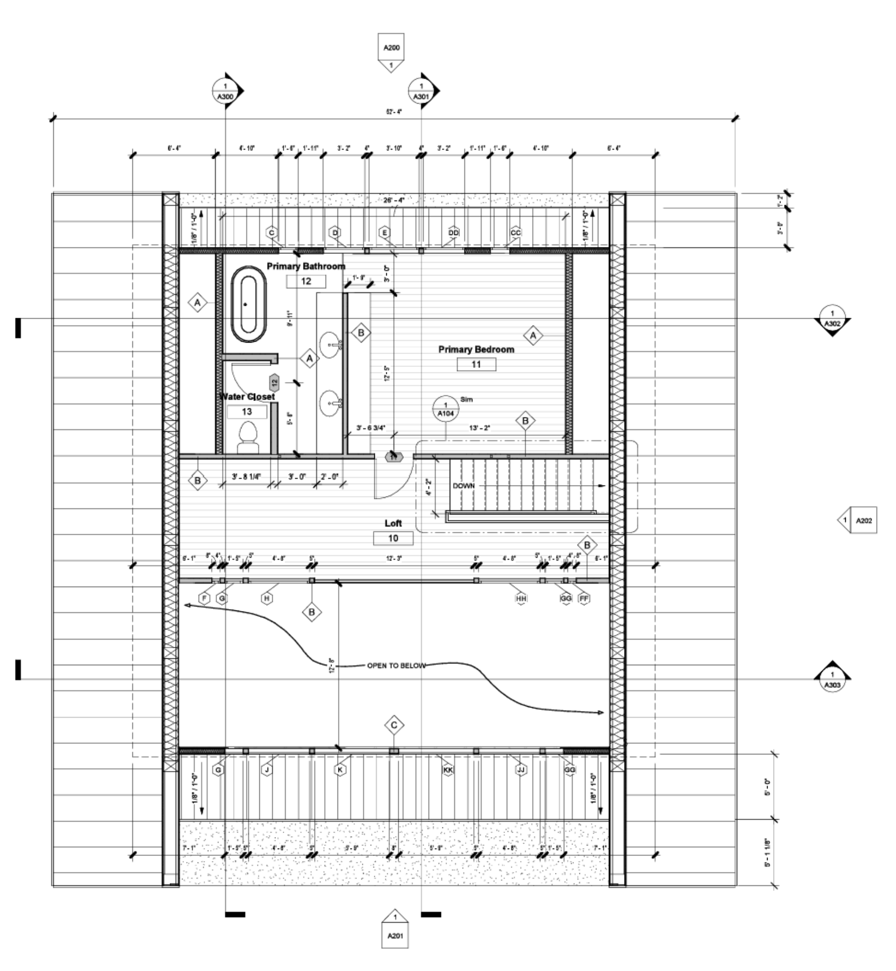 This technical floor plan illustrates the upper level of a residence, featuring a primary suite and a loft area
overlooking a double-height space. The document also has detailed
architectural annotations, dimension lines, and section markers which are used throughout to specify room sizes and structural alignments.