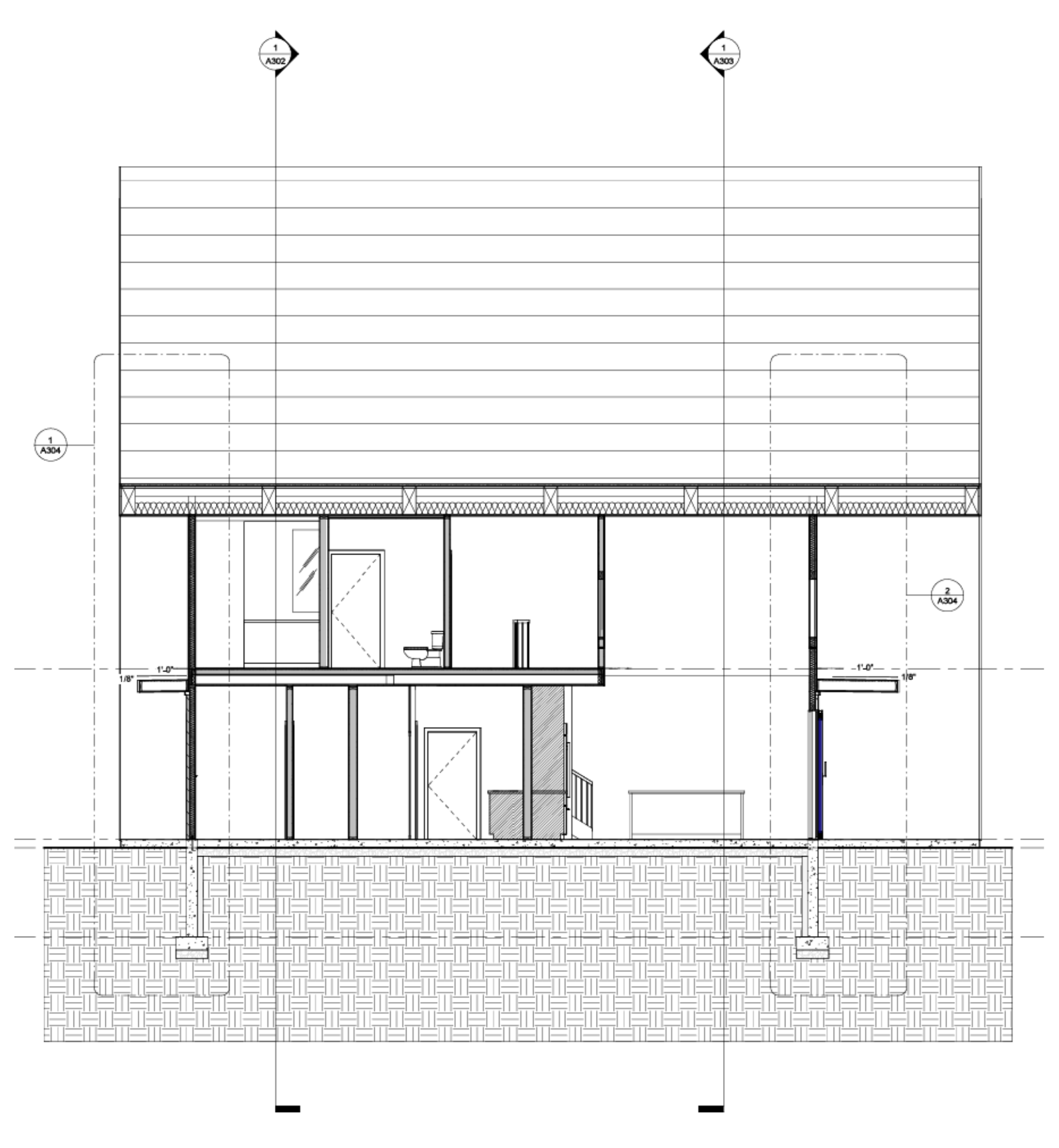 A depiction of an architectural section drawing which illustrates the interior of a two-story A-frame residence. 