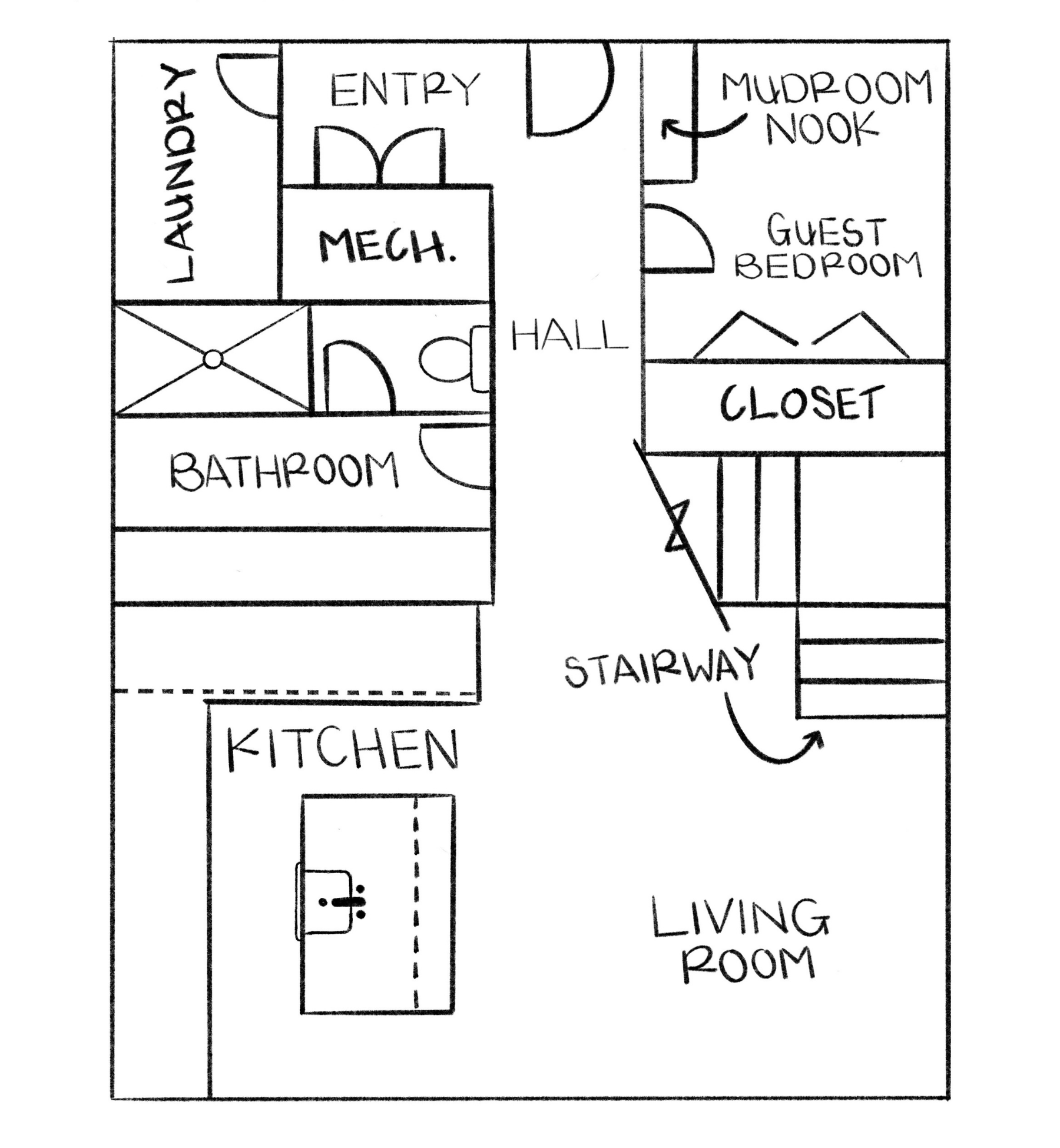 A hand-drawn floor plan in the schematic phase. The illustration depicts a residential layout with a central hallway that connects spaces like a kitchen, living room, and guest bedroom, bathroom, and laundry room.