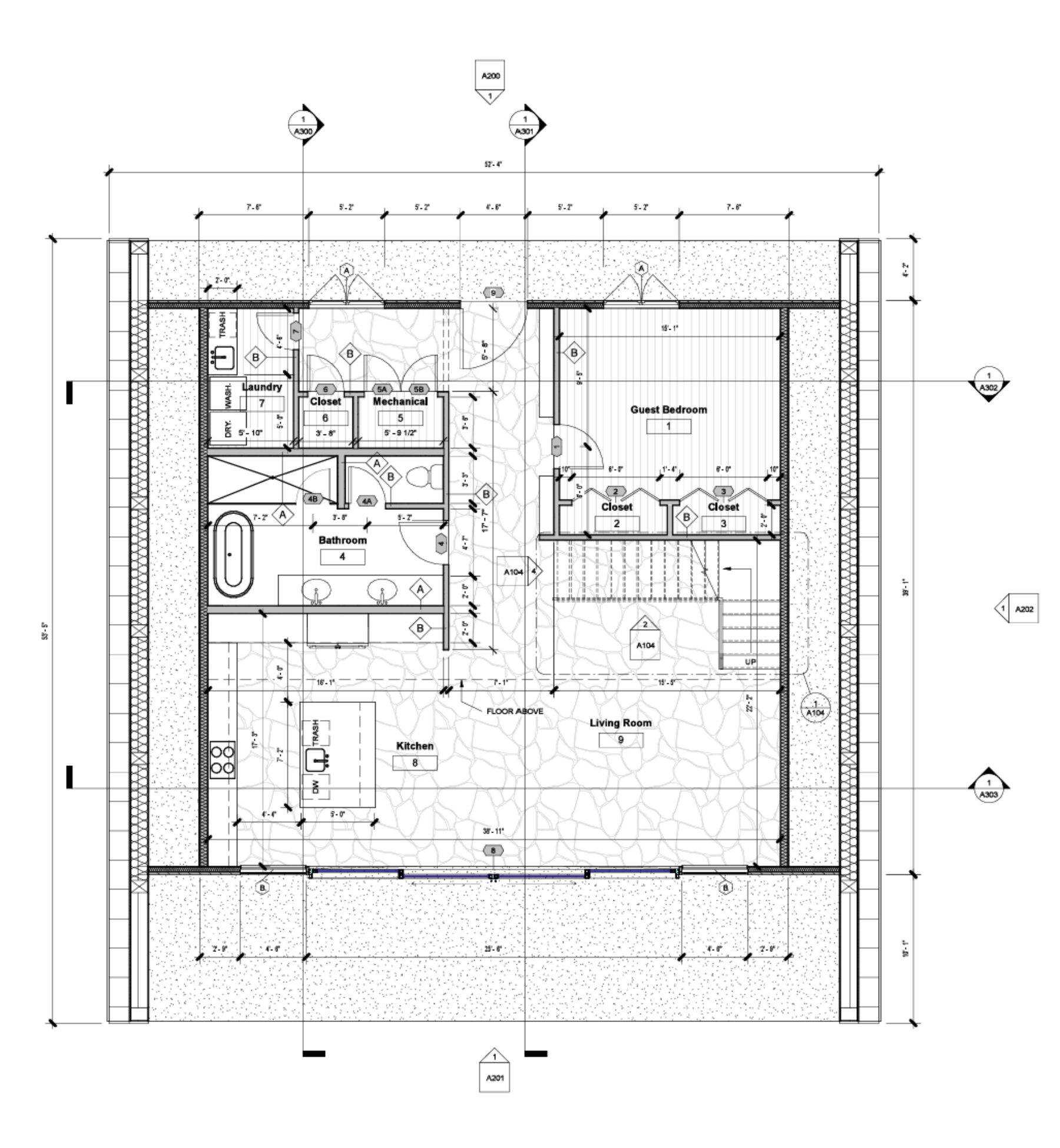A detailed architectural floor plan of a single-story residential space featuring labeled rooms such as a kitchen, living room, guest bedroom, and bathroom.
The layout includes precise
measurements, technical annotations for mechanical and laundry areas, and structural details like a stairway and multiple closets.
