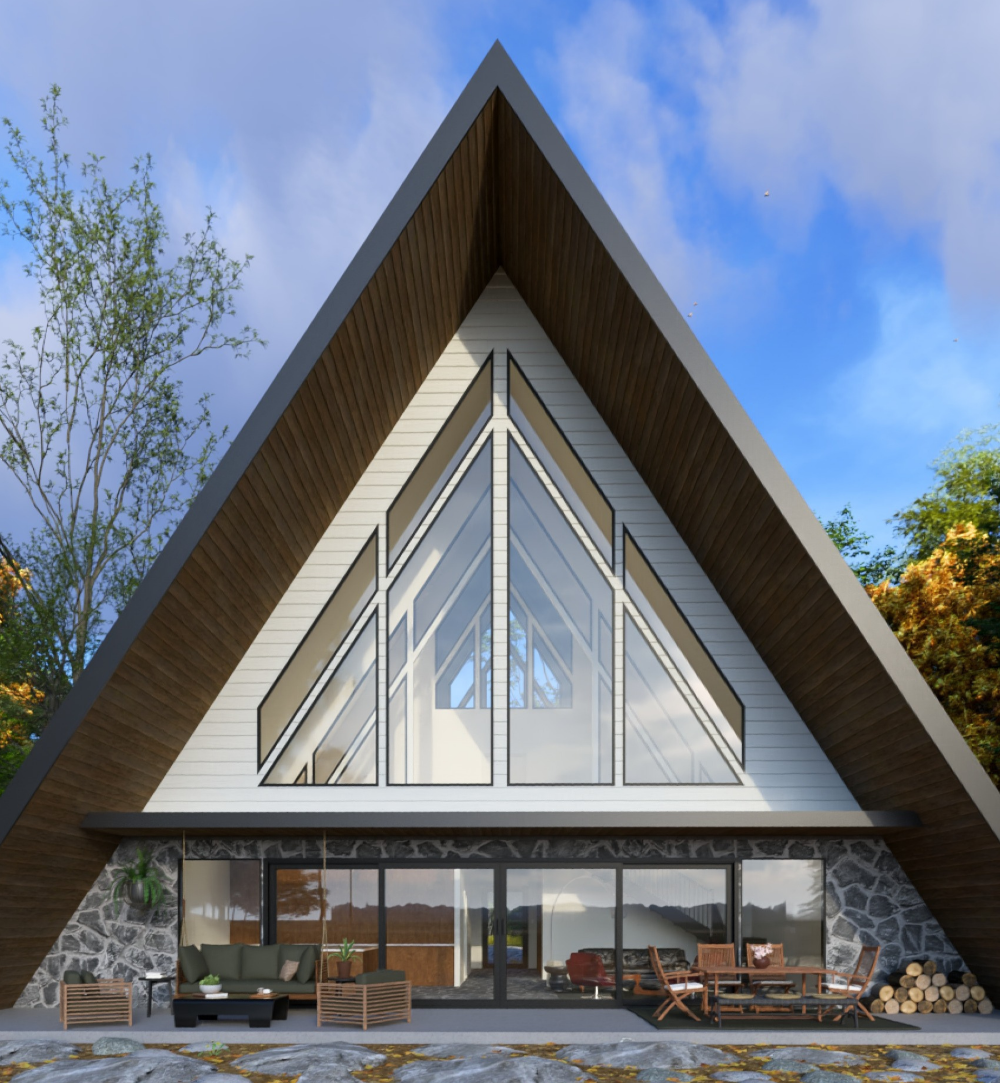 3D rendering of the rear of a modern A-frame cabin with a deep roof overhang.
On the upper level, cathedral windows that are set against white horizontal siding. The lower level has a rugged stone facade, and includes large windows and a sliding door which leads to a patio. On this patio are several options for outdoor seating. The surrounding landscape is designed with scattered boulders, lush greenery, and fallen leaves.