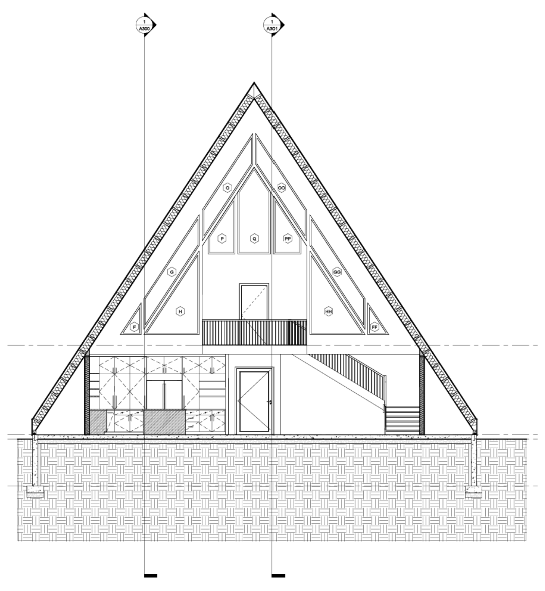 A depiction an architectural section drawing which illustrates the interior of a two-story A-frame residence.