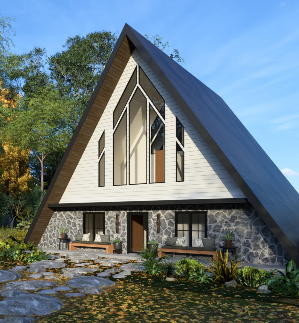 3D rendering of a modern A-frame cabin with cathedral windows that are set against white horizontal siding. The lower level has a rugged stone facade, and includes a central entrance flanked by built-in wooden benches for outdoor seating. The surrounding landscape is designed with scattered boulders, lush greenery, and fallen leaves.