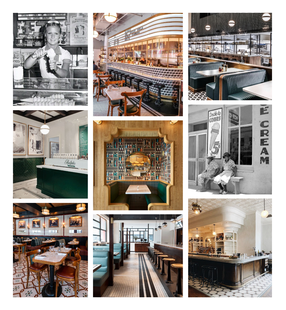 A collage of nine distinct interior design scenes that collectively showcase a vintage, ice-cream parlor aesthetic. The rooms masterfully layer tiles, various wood tones, and rich colors to play into a 1950's theme.