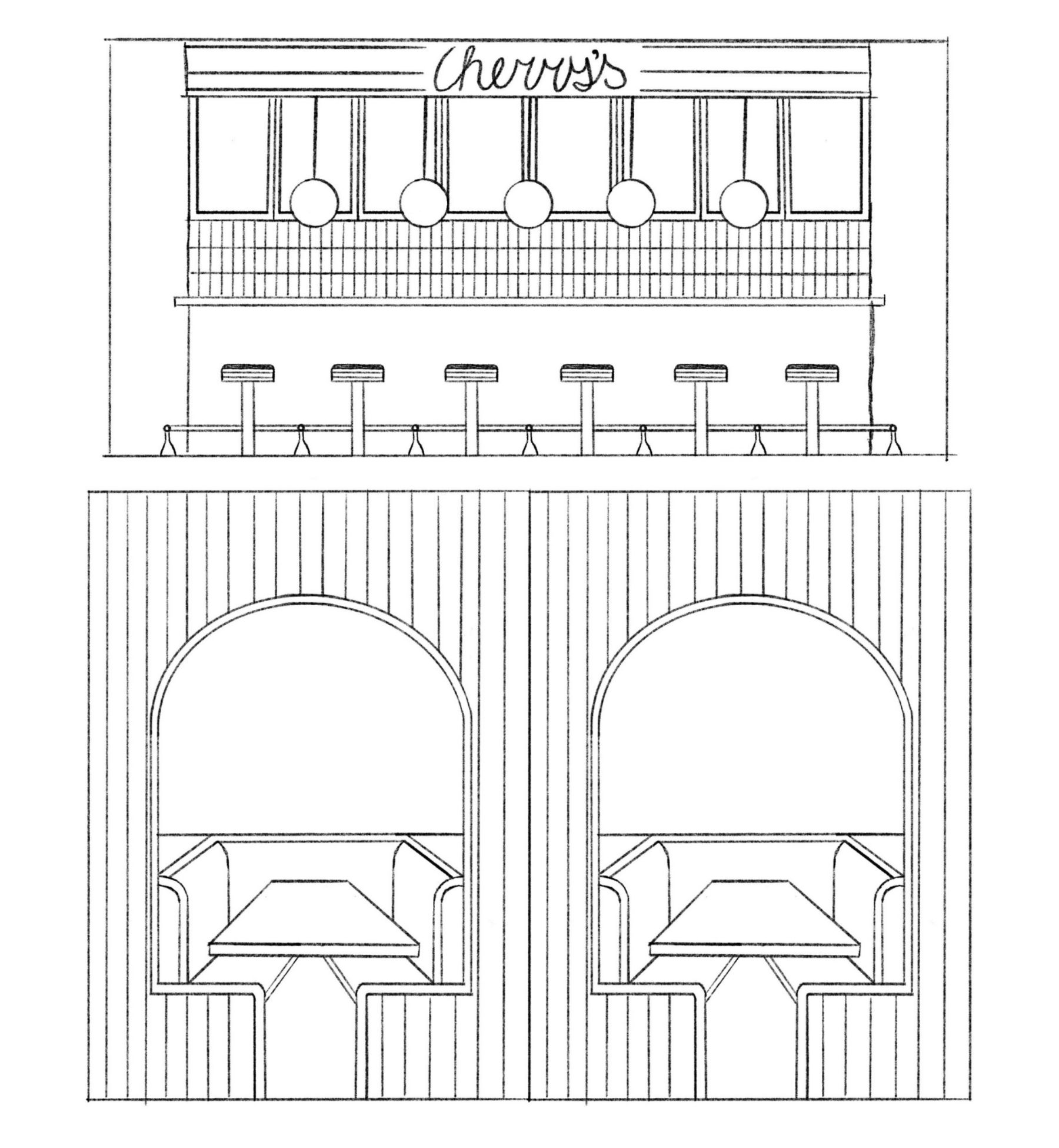 A hand-drawn architectural sketch illustrates the interior design for an ice cream parlor. The top section shows a long service counter with six stools and globe pendant lights hanging above a tiled backsplash. The bottom section depicts two symmetrical dining booths set into arched alcoves within a vertically paneled wall.