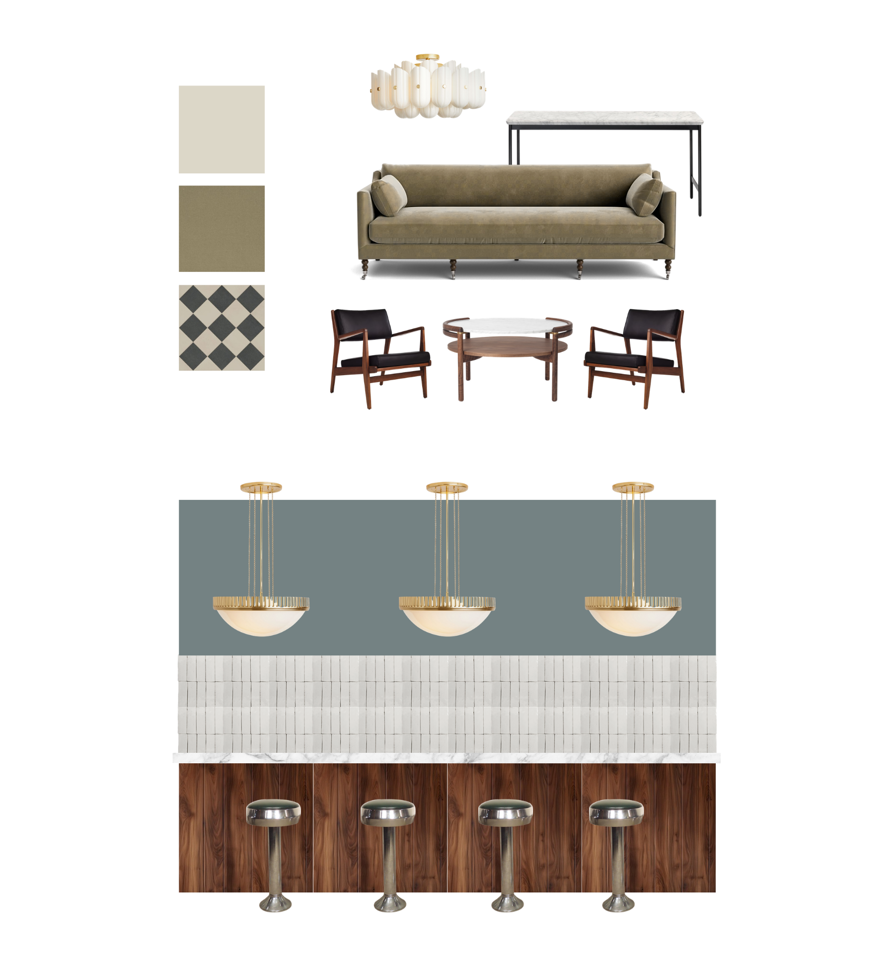 An interior design mood board displays a curated selection of furniture, textures, and a bar area mockup.