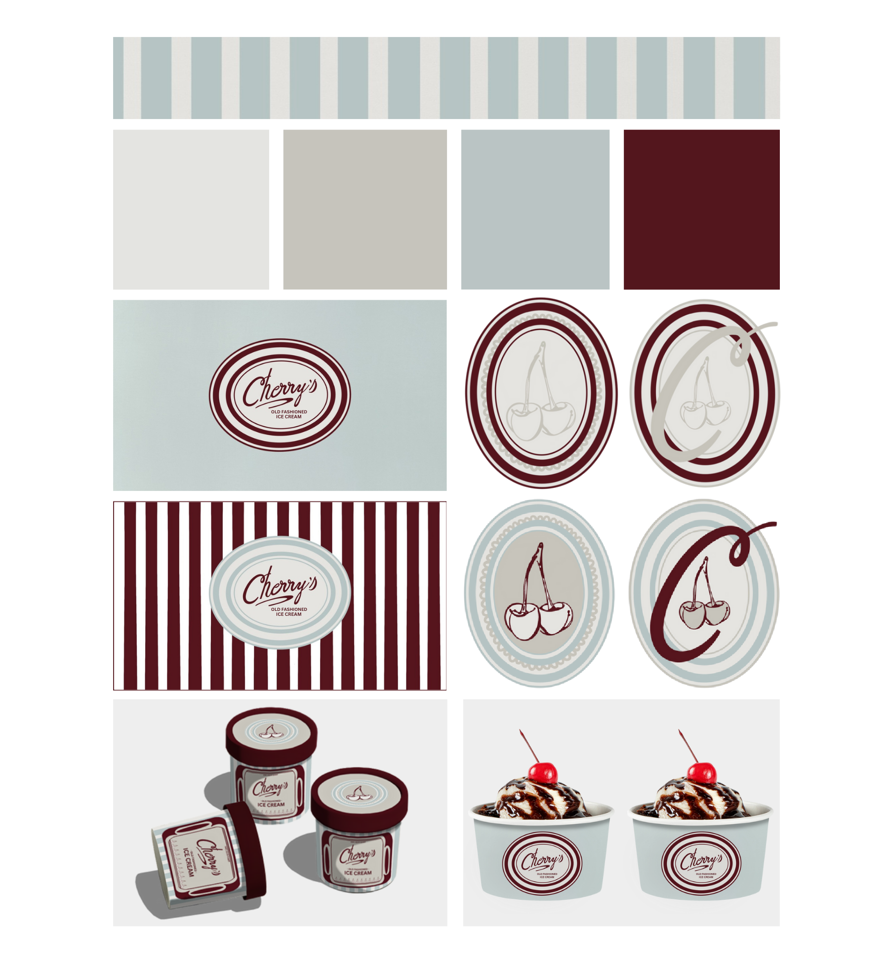 A branding package for "Cherry's Ice Cream Parlor." It features a vintage-inspired color palette of teal, cream, and deep burgundy. The layout includes several logo variations, packaging, business cards, and signage.