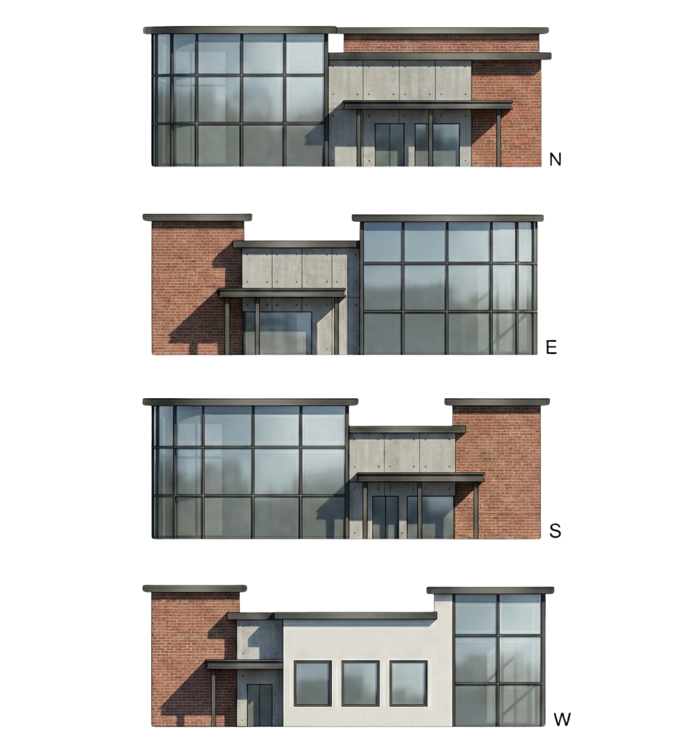 This image shows four architectural exterior elevations of a modern building, labeled N, E, S, and W for the cardinal directions. Each view highlights the combination of materials, including red brick, concrete panels, and large glass windows.