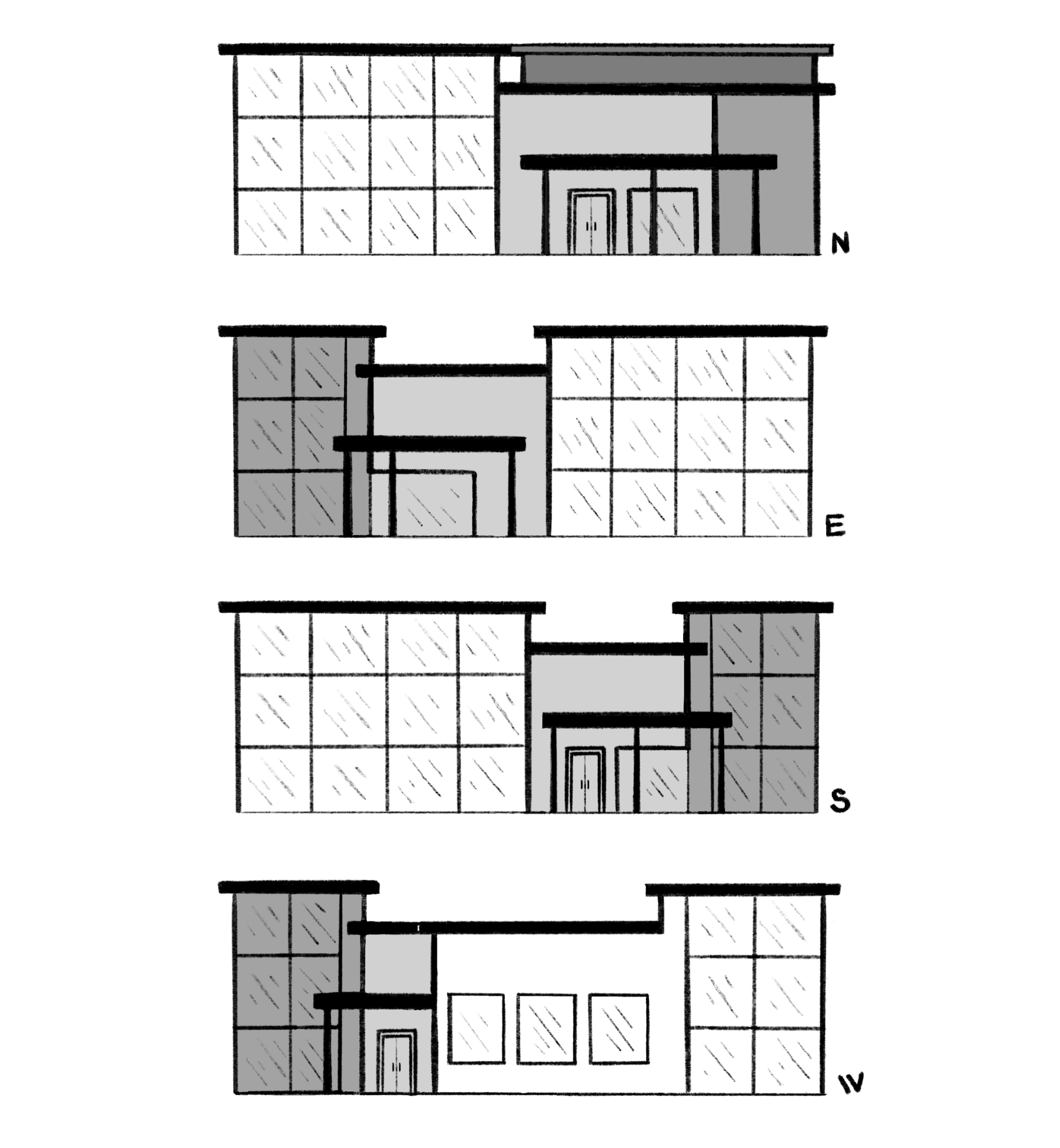 This is a hand-drawn architectural sketch which shows four exterior elevations of a modern building, labeled N, E, S, and W for the cardinal directions. Each view illustrates a facade composed of large glass windows and shaded wall sections to show depth.