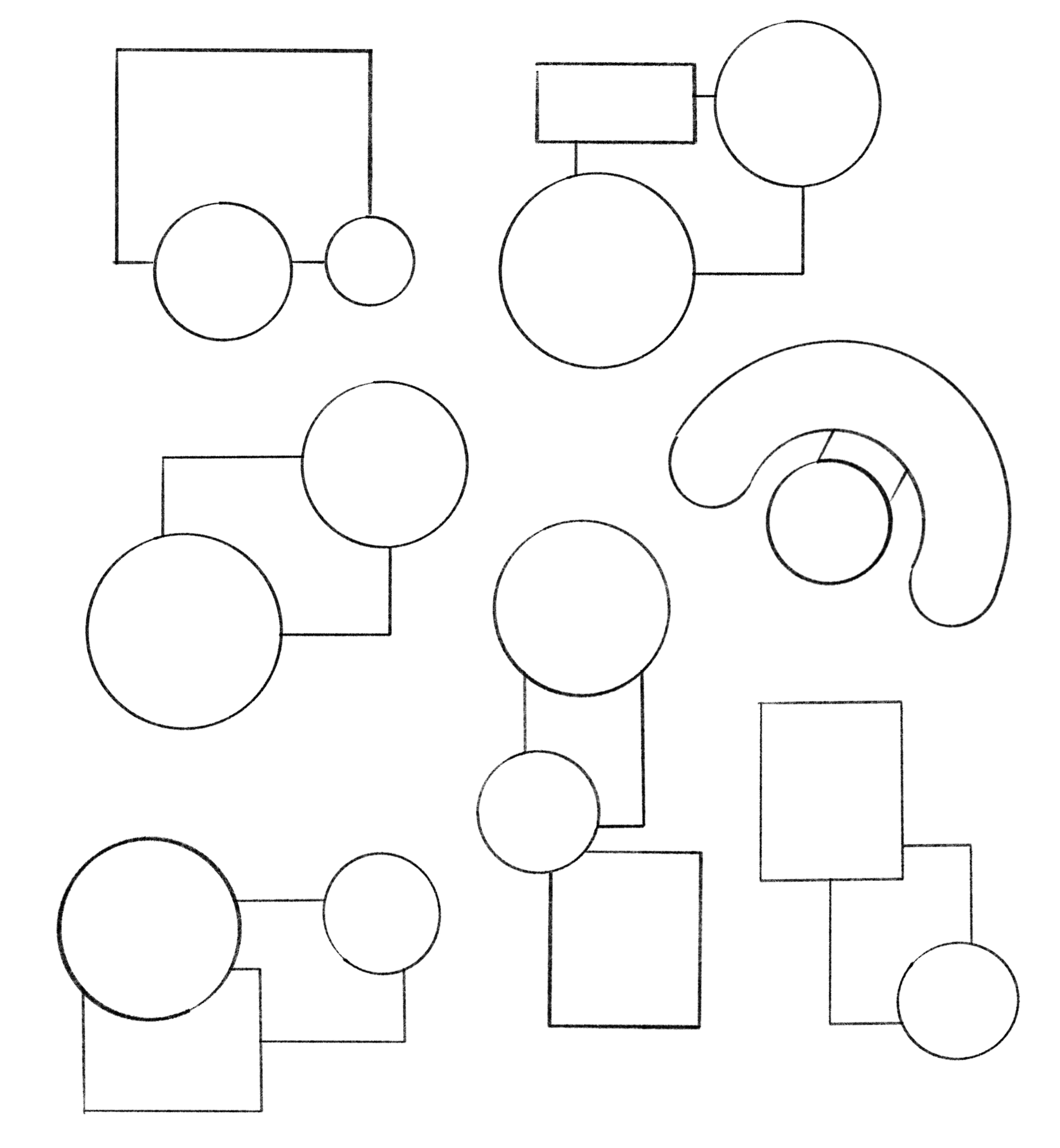 This is a hand-drawn schematic diagram of various layouts for a building plan.