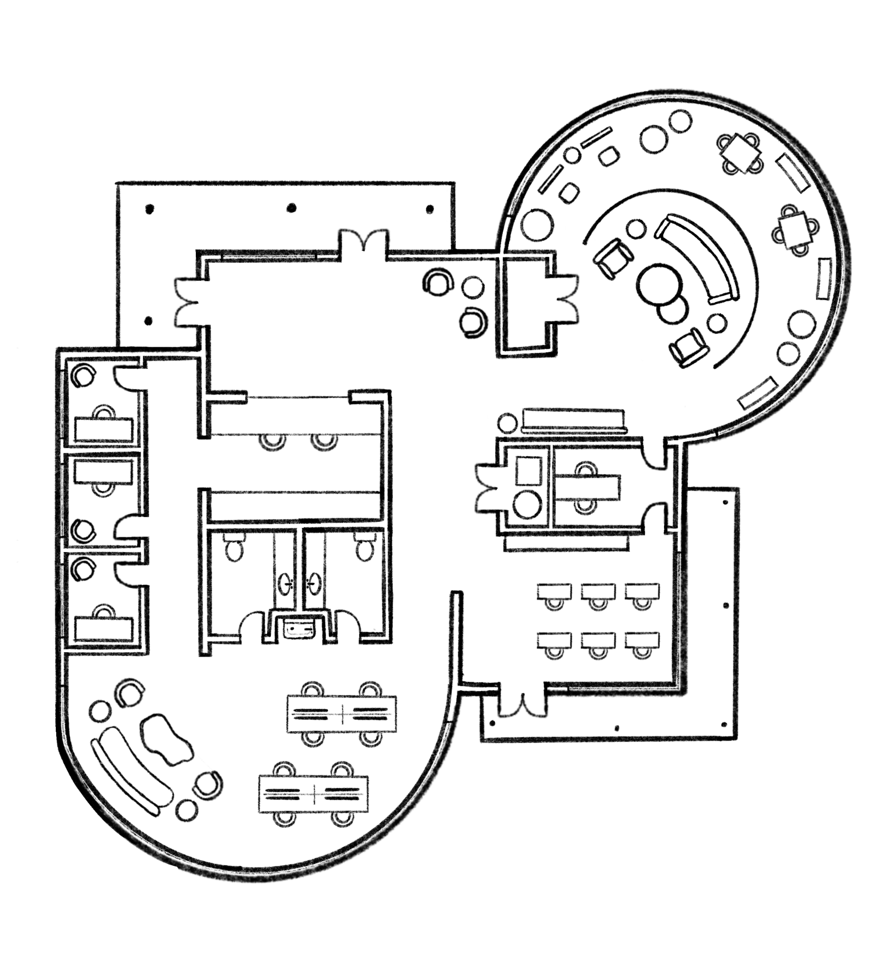 This is a hand-drawn architectural floor plan which illustrates a building layout.
Furniture layouts are also depicted within each room, showing their respective uses.