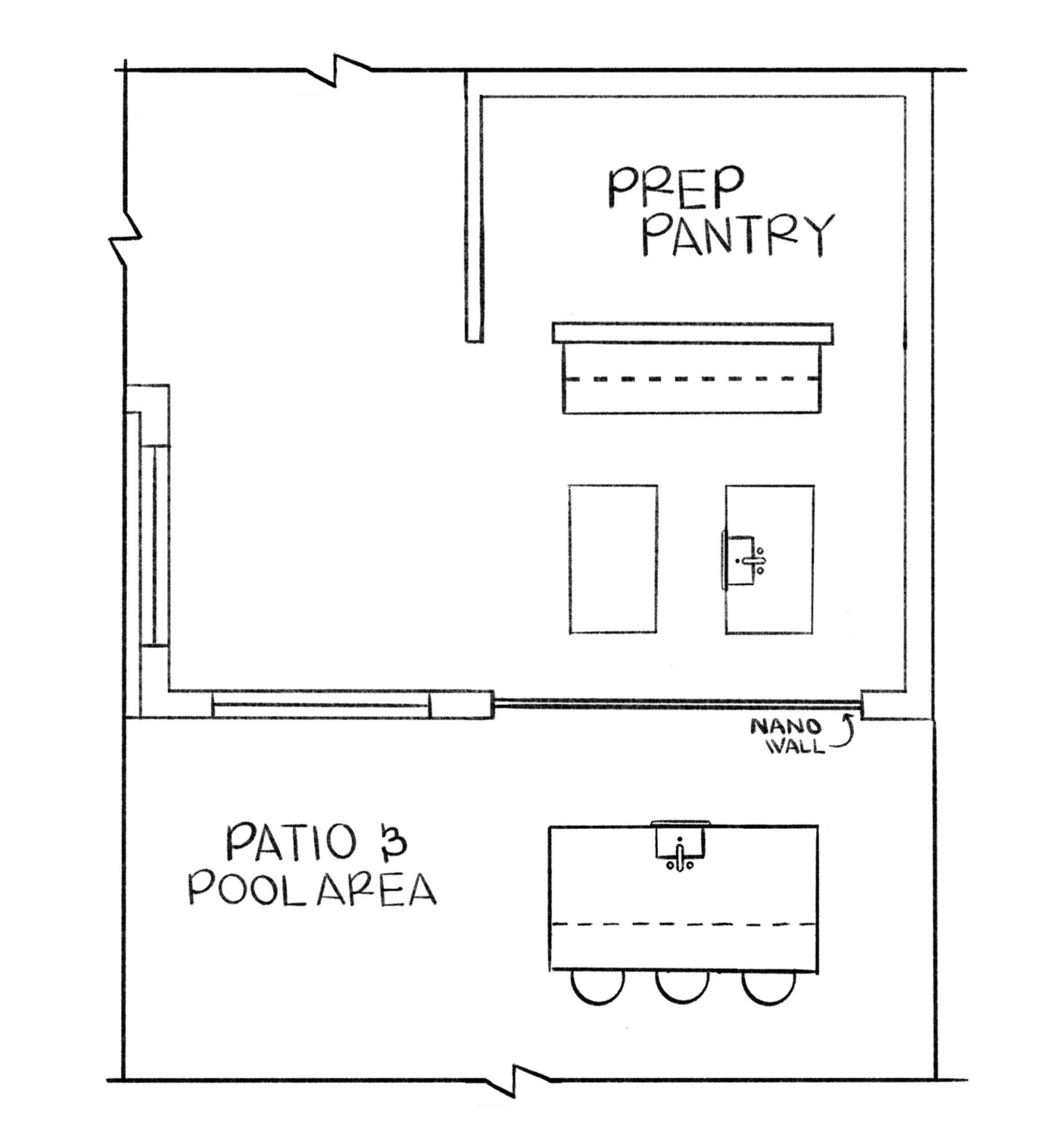 a hand-drawn floor plan illustrates the layout for a kitchen re-design with a prep pantry and an outdoor patio & pool area. The kitchen includes two islands, one with a sink, and a Nano Wall which connects the space to the exterior of the home.