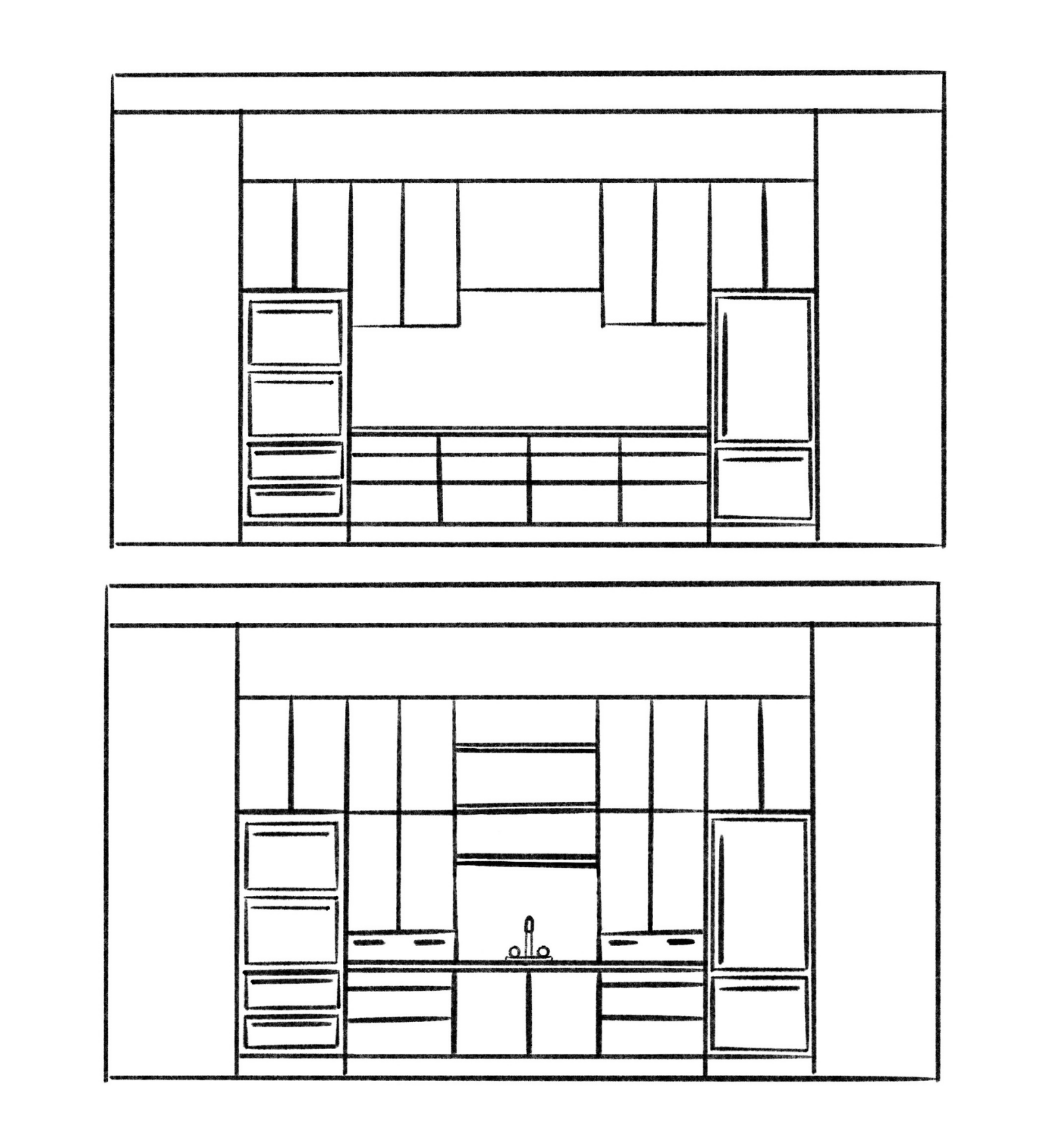 Two elevation skecthes for kitchen cabinetry. The top version features a minimalist layout with solid upper and lower cabinets flanked by two tall appliances, while the bottom version introduces more complexity with open shelving, a central sink, and varied cabinet door sizes.