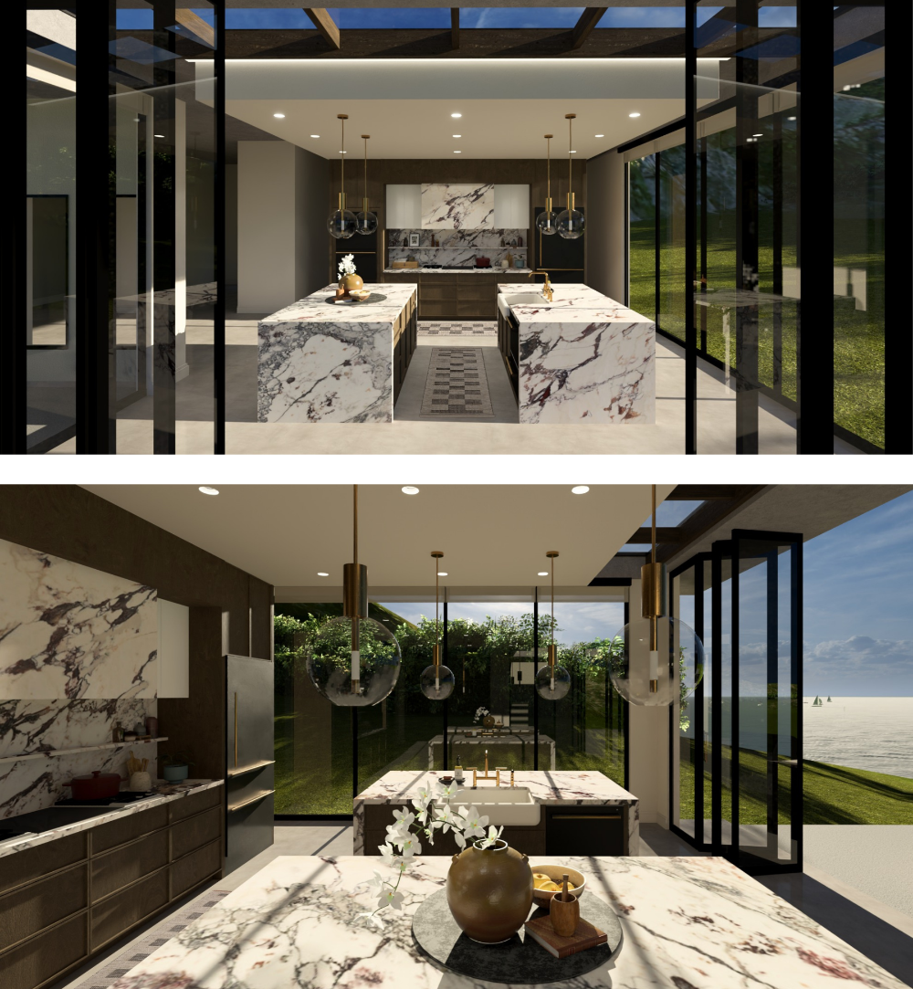 Two interior 3D renderings showcase a modern, open-concept kitchen featuring two large marble islands with bold black veining. The space is enclosed by floor-to-ceiling glass walls that provide views of lush greenery and a calm ocean, accented by gold-trimmed pendant lights and a sleek, minimalist aesthetic.