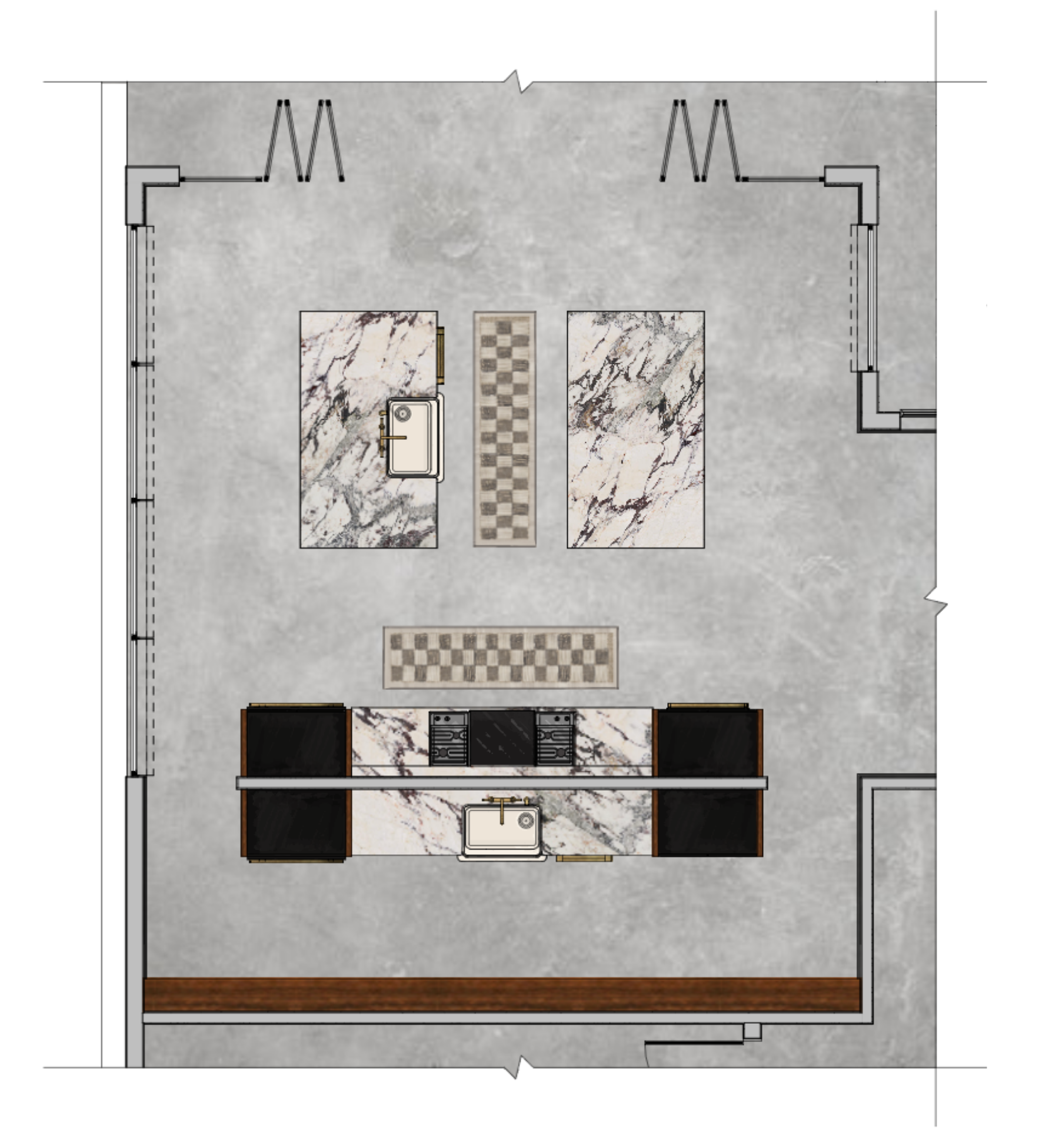 2D rendered floor plan shows a modern kitchen layout featuring two parallel marble islands and a long back counter with a built-in stove and sink. The design is set against a gray textured floor, accented by checkered runner rugs and large glass windows along the perimeter. The floor plan also showcases a Nano Wall, which extends the design to the exterior of the home.