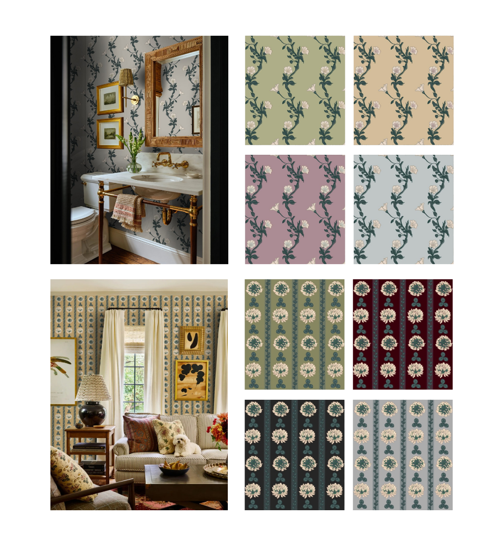 A collage of vintage-style floral wallcoverings. The left side shows a small bathroom with a pedestal sink, brass fixtures, framed art, and soft blue floral wallpaper, alongside a cozy living room with patterned walls, warm wood furniture, and soft textiles. The right side displays multiple wallpaper pattern variations in muted tones: green, beige, mauve, blue, and deep red, highlighting delicate floral motifs arranged in repeating vertical designs.