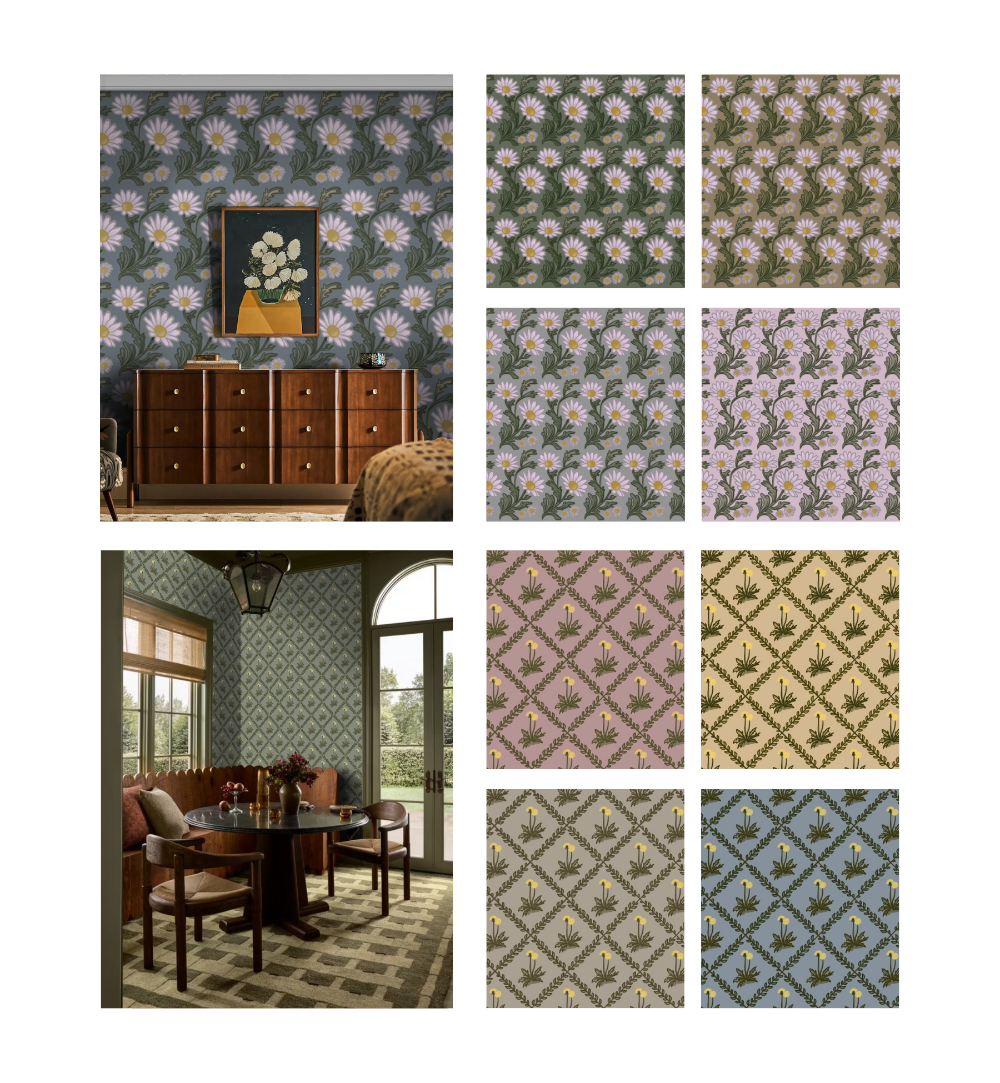 A collage showcasing vintage-inspired wallpaper designs and their application in interiors. On the left, a bedroom scene features a wooden dresser against a blue floral daisy wallpaper, while below it a dining nook includes a round table, upholstered seating, and a geometric patterned wall in muted tones. On the right, multiple wallpaper swatches are displayed in coordinating colorways: greens, creams, blush, and blue, featuring repeating floral and lattice motifs with a soft, nostalgic aesthetic.