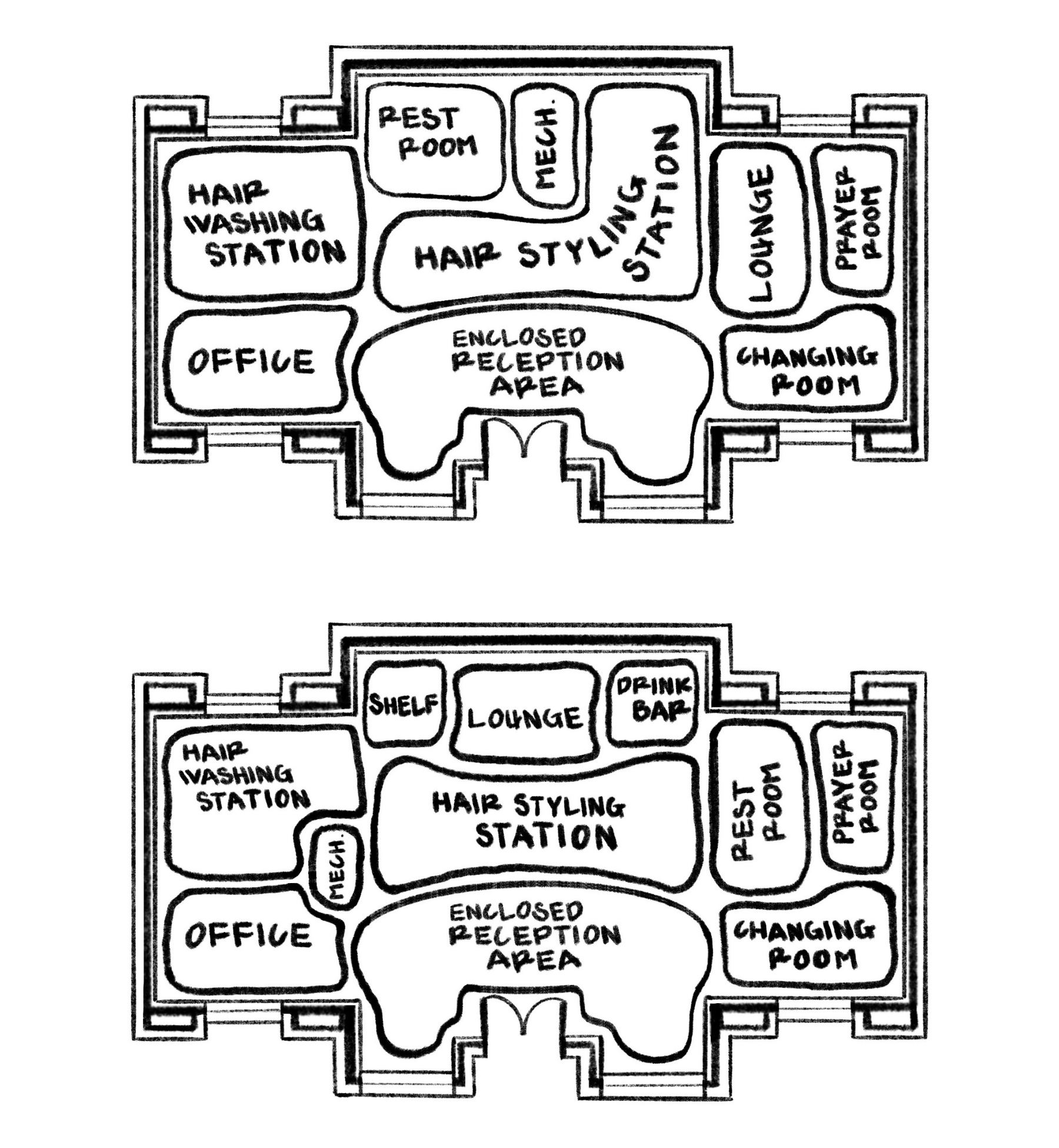 Two iterations of the hair salon floor plan layout. Both plans feature a central Hair Styling Station and an Enclosed Reception Area at the entrance, but the second plan moves the Lounge to the back wall and relocates the Restroom to the right side to make room for a new Drink Bar and Shelf. Key areas like the Office and Hair Washing Station remain in the same general positions on the left.