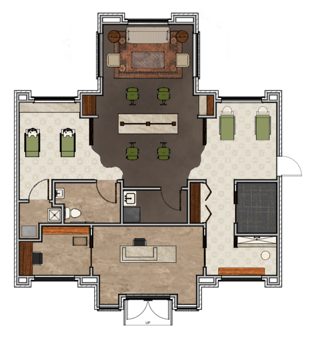 2D rendered floor plan of the salon showing a central styling area with four green chairs and a back lounge area with a sofa and rug. The side wings contain specialized service stations with reclining chairs, while the front of the building houses a reception desk, private office, and restroom facilities.