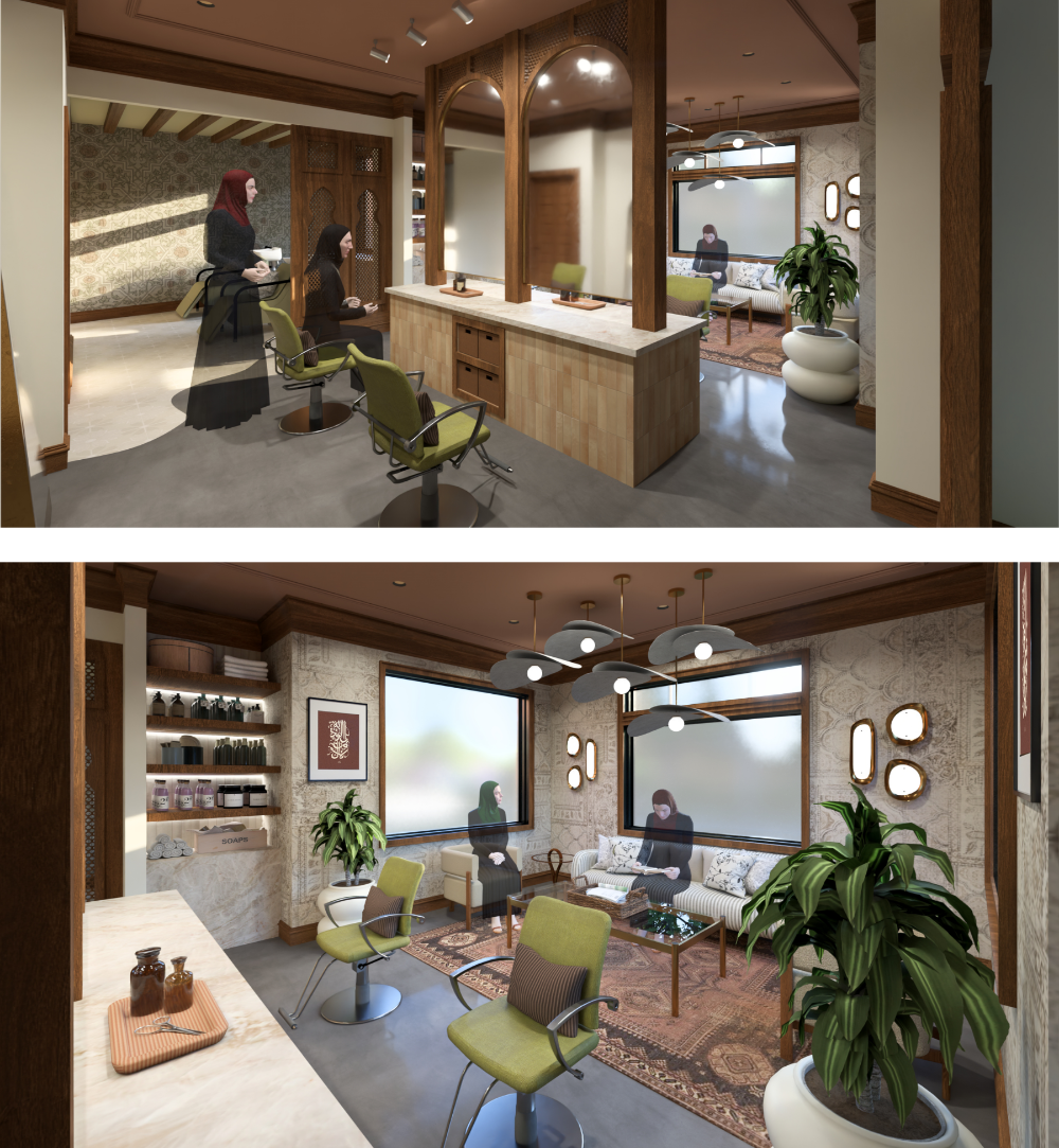 Two interior 3D renderings show a high-end salon with a warm, sophisticated aesthetic featuring wood accents and arched mirrors. The space includes olive-green styling chairs and a cozy lounge area with a patterned rug, plush seating, and modern pendant lighting.
Several women in hijabs are shown throughout the space, emphasizing a private and culturally inclusive environment.