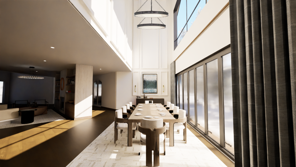 Rendering of a long dining room with a 2 story high ceiling, 10 seater dining table, and
floor to ceiling windows.