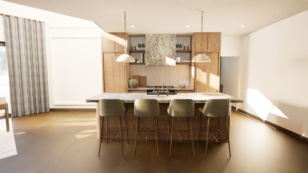 Rendering depicting a modern style kitchen, with warm wood accents, a centered range and island, and the entrance to a hidden pantry behind.