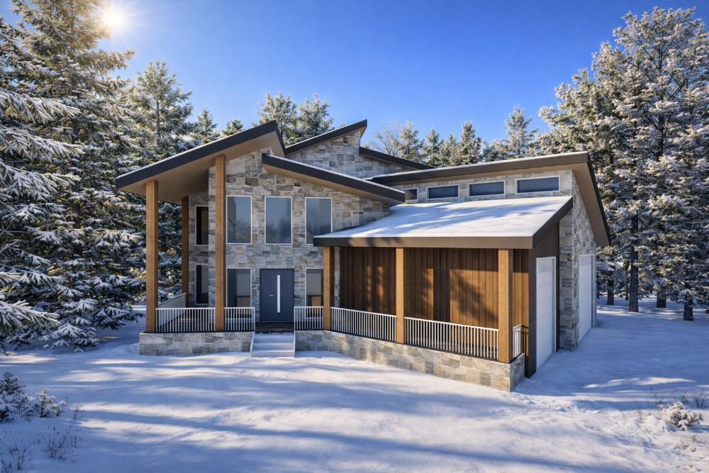 Exterior rendering of a large angled modern-style home with tall roof pitches, a long wrapped porch and large windows nestled in the Montana mountains.