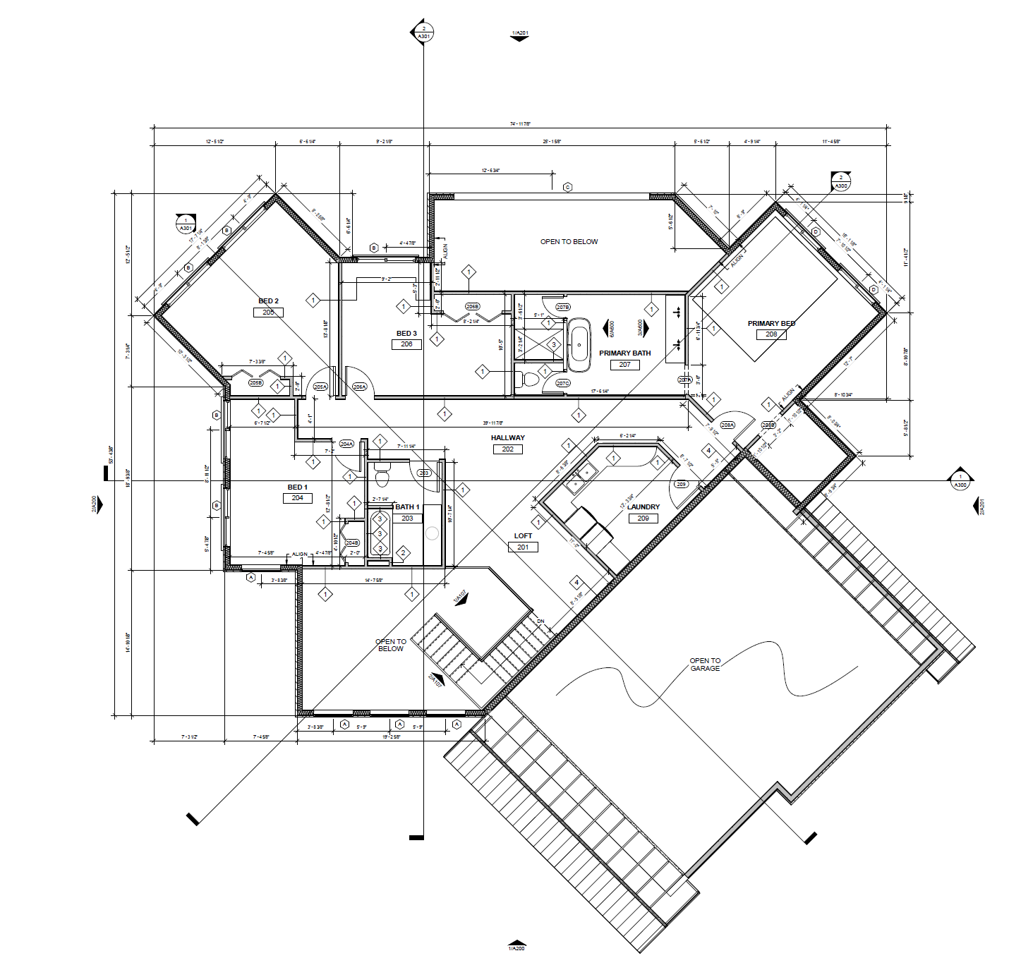 Floor plan of the second level of a modern shaped home, inclusive of large bedrooms, 2
full bathrooms, and a spacious laundry room.